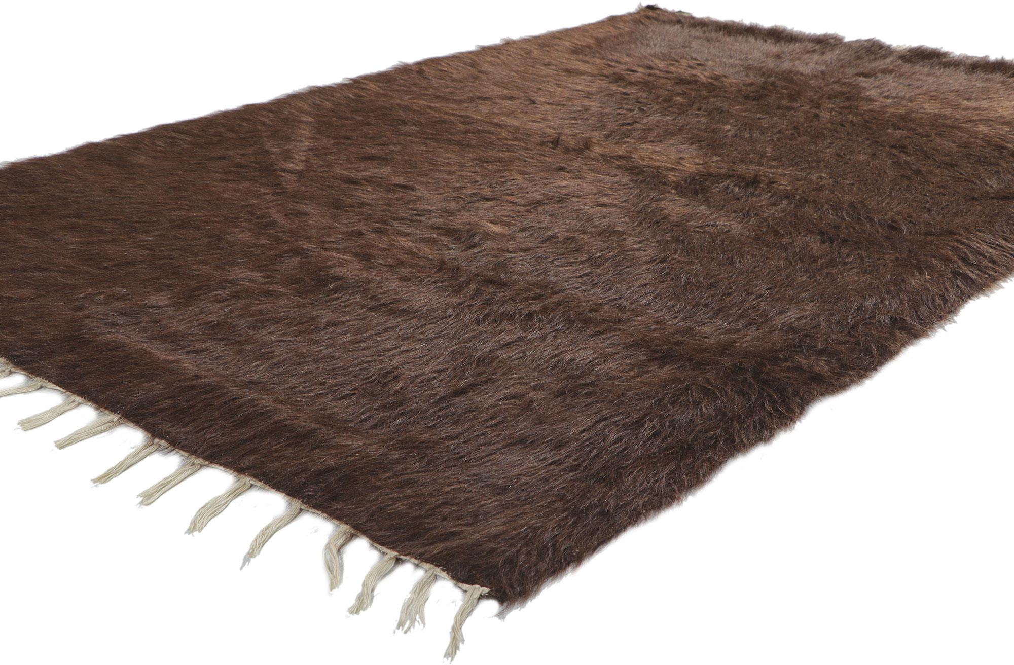 53839 Vintage Turkish Angora Wool Kilim Blanket Rug, 04'03 x 06'06?. With its shaggy pile, incredible detail and texture, this handwoven Turkish angora kilim rug is a captivating vision of woven beauty. The minimalist design and earthy colorway