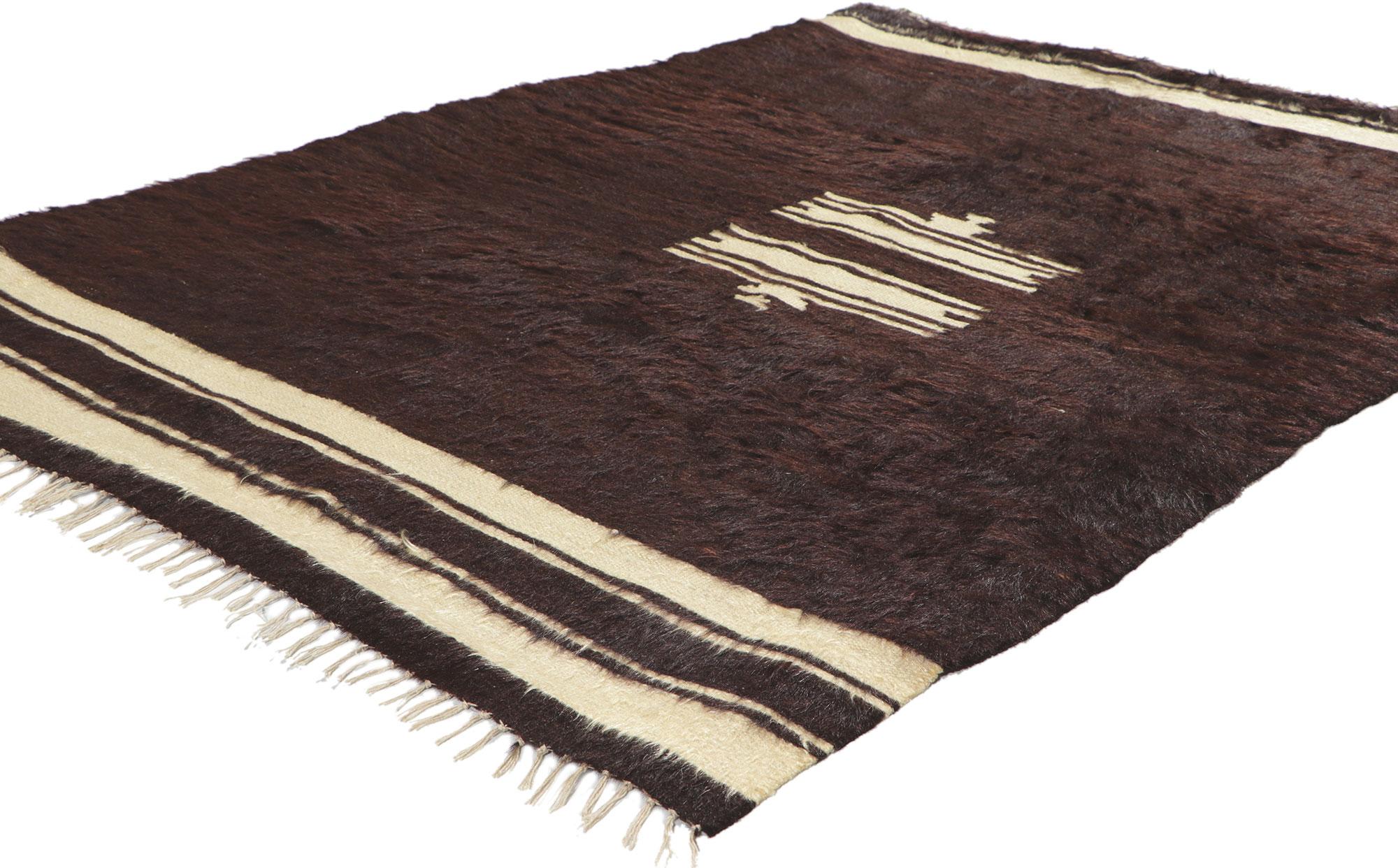 53838 vintage Turkish Angora wool kilim blanket rug, 03'09 x 05'01. With its shaggy pile, incredible detail and texture, this handwoven Turkish angora kilim rug is a captivating vision of woven beauty. The eye-catching geometric design and earthy