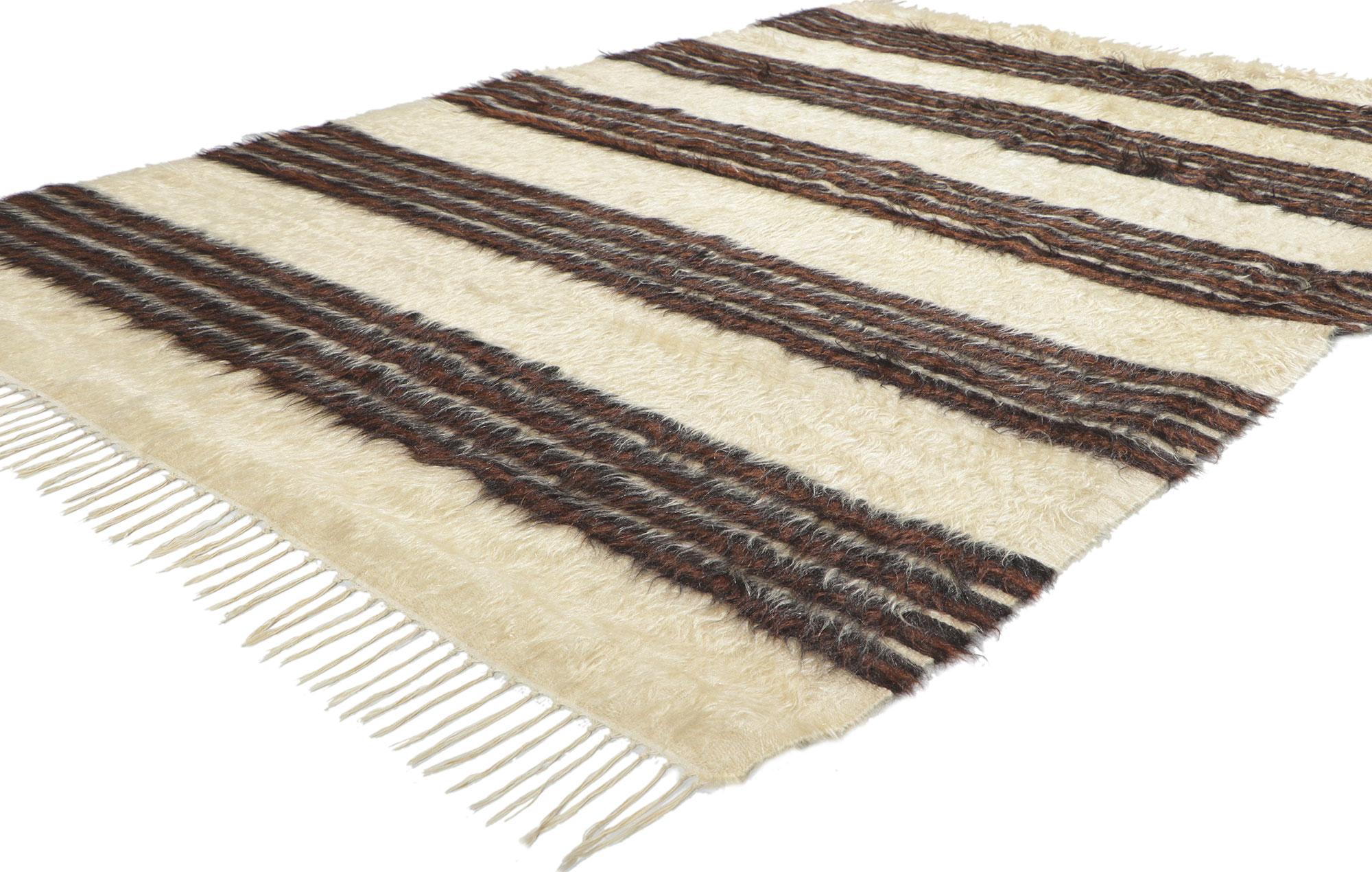 53837 Vintage Turkish Angora Wool Kilim Blanket Rug, 04'08 x 06'08. With its shaggy pile, incredible detail and texture, this handwoven Turkish angora kilim rug is a captivating vision of woven beauty. The eye-catching striped pattern and earthy