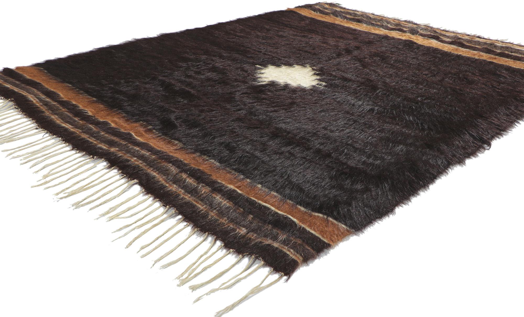 53836 Vintage Turkish Angora Wool Kilim Blanket Rug, 04'03 x 05'07. With its shaggy pile, incredible detail and texture, this handwoven Turkish angora kilim rug is a captivating vision of woven beauty. The eye-catching geometric design and earthy