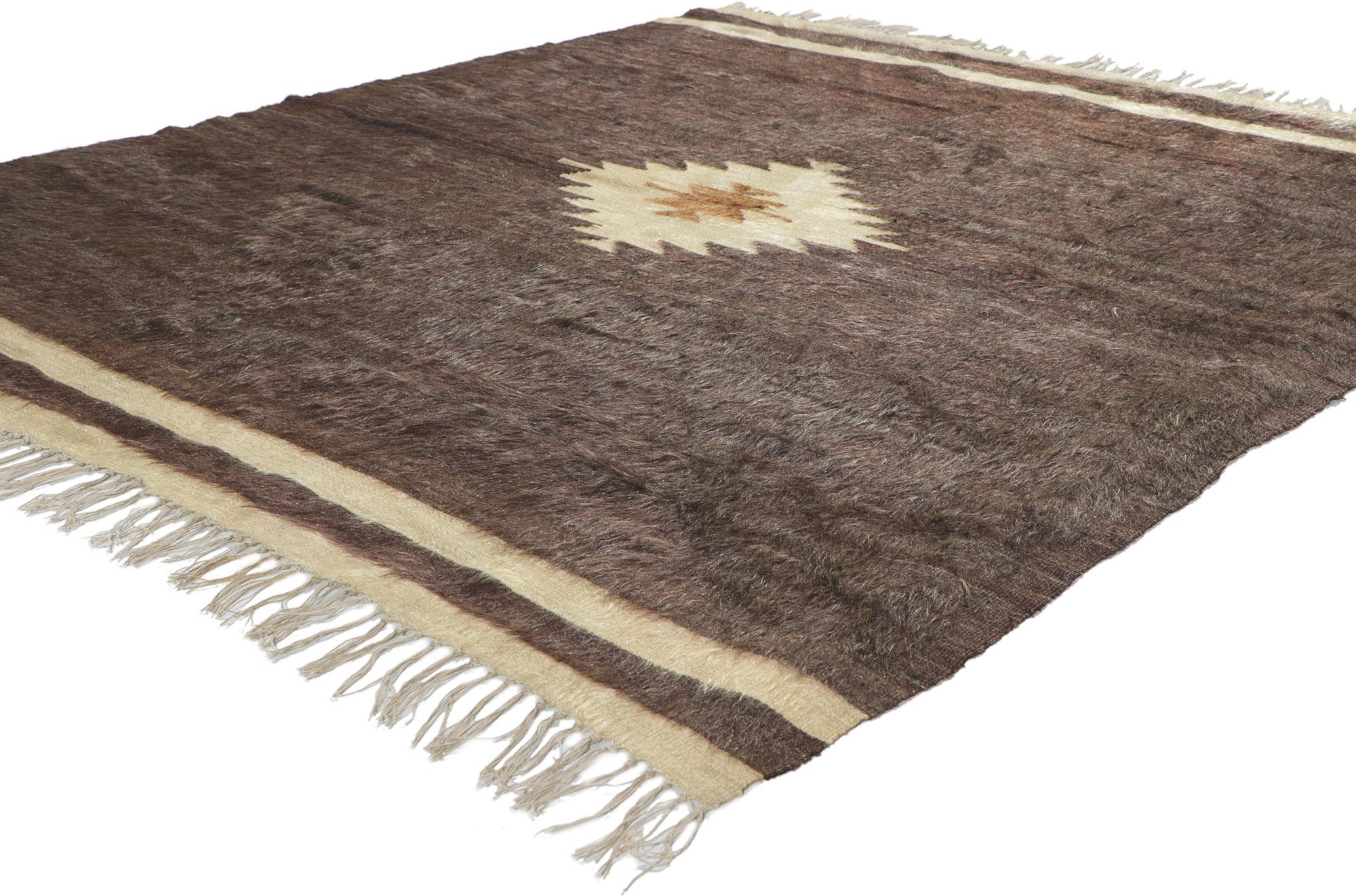 53833 Vintage Turkish Angora Wool Kilim blanket rug, 04'08 x 06'09?. With its shaggy pile, incredible detail and texture, this handwoven Turkish angora kilim rug is a captivating vision of woven beauty. The eye-catching geometric design and earthy