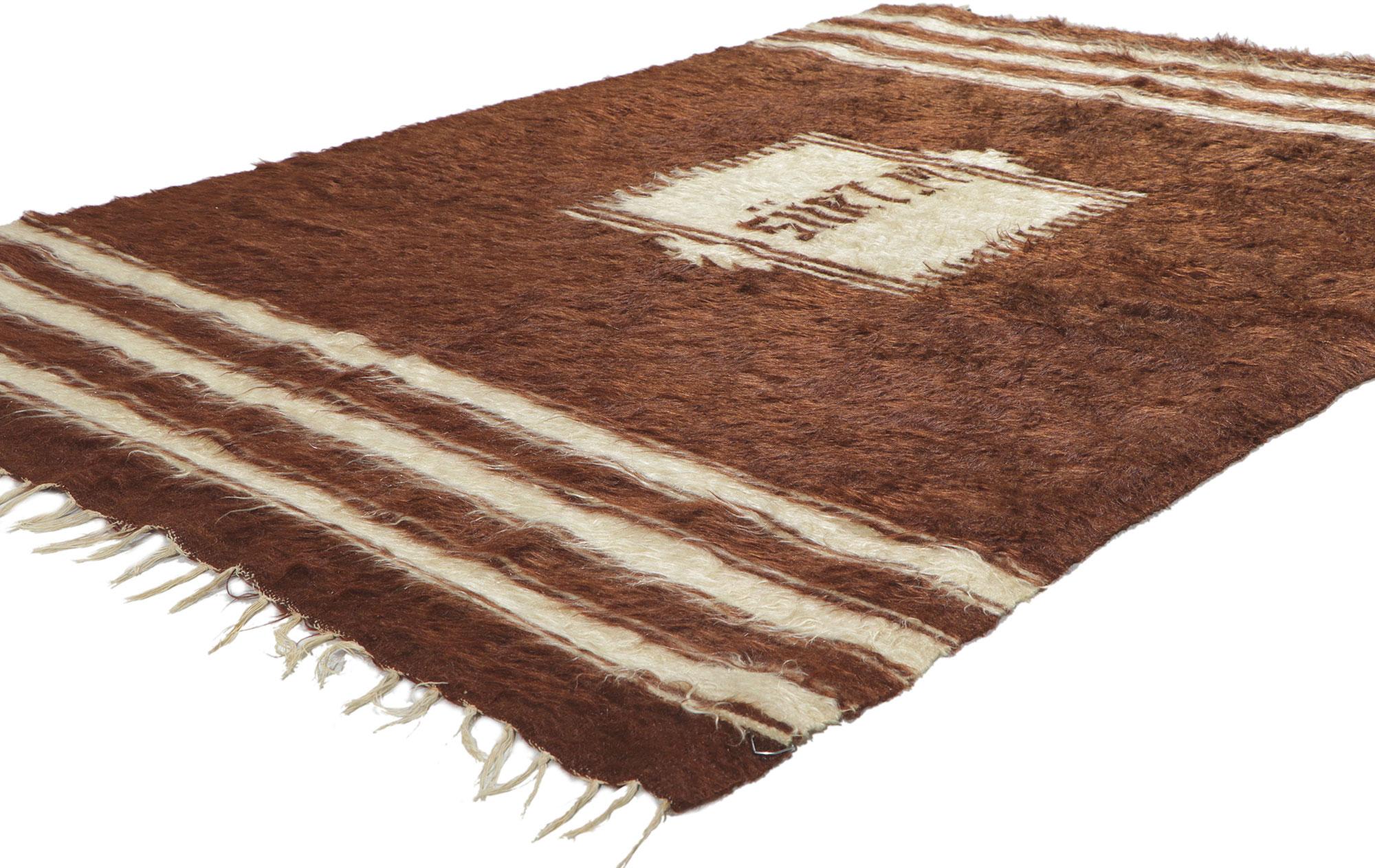 53832 Vintage Turkish Angora Wool Kilim Blanket Rug, 04'05 x 06'05. With its shaggy pile, incredible detail and texture, this handwoven Turkish angora kilim rug is a captivating vision of woven beauty. The eye-catching geometric design and earthy