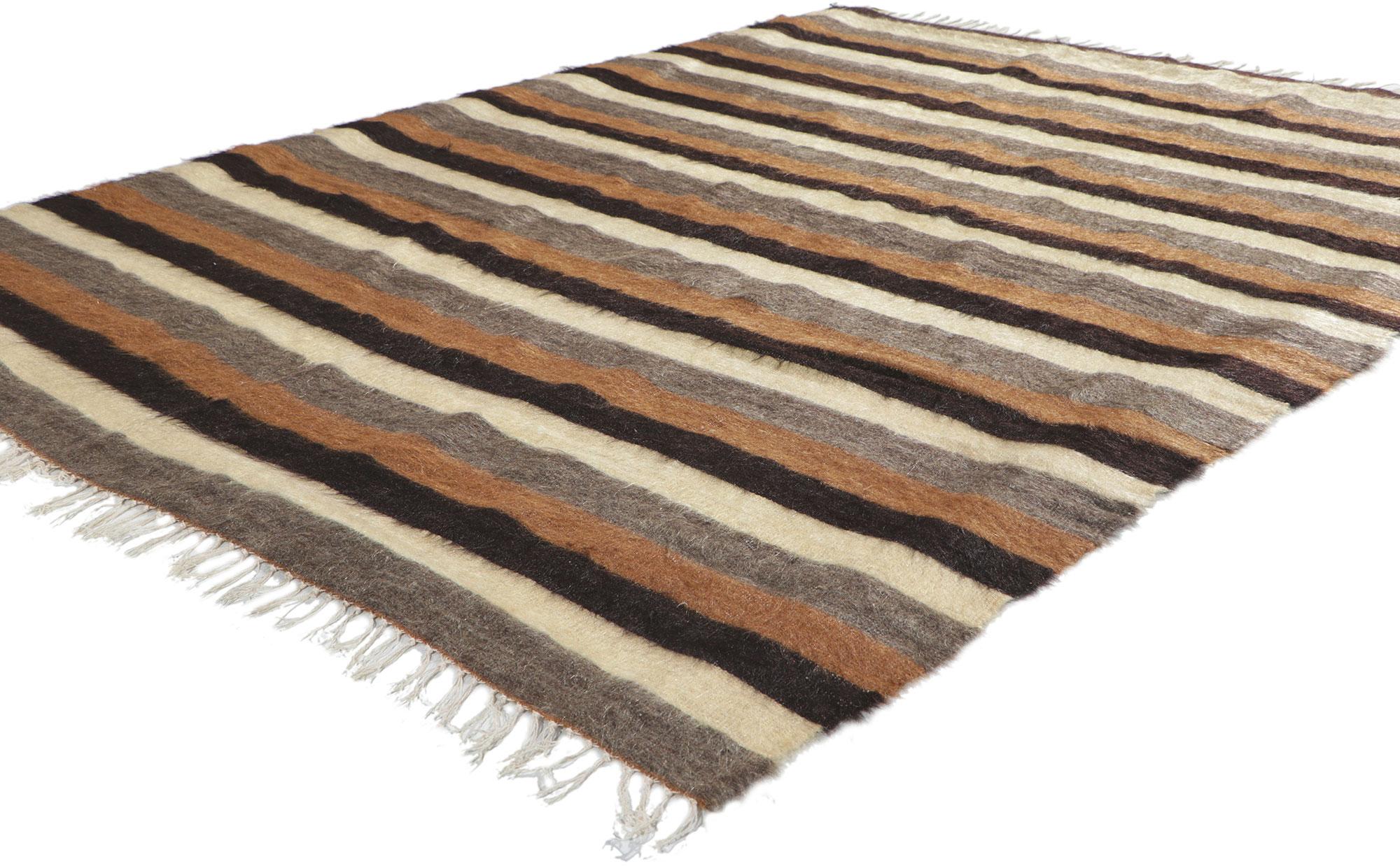 53831 Vintage Turkish Angora Wool Kilim Blanket Rug, 04'06 x 06'00. With its shaggy pile, incredible detail and texture, this handwoven Turkish angora kilim rug is a captivating vision of woven beauty. The eye-catching striped pattern and earthy