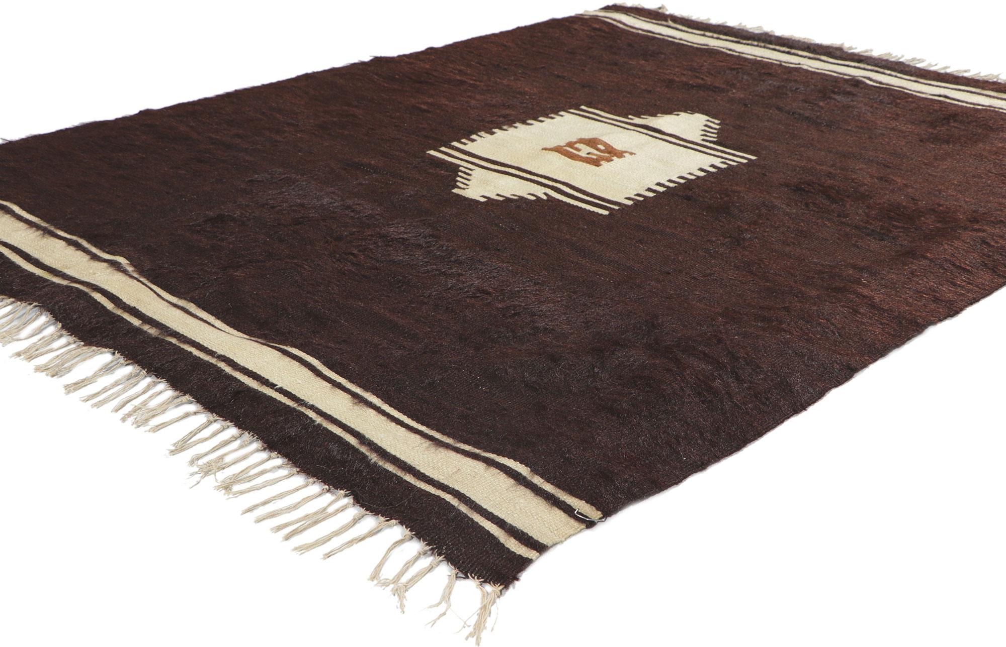 53830 Vintage Turkish Angora Wool Kilim Blanket Rug, 03'11 x 05'01. With its shaggy pile, incredible detail and texture, this handwoven Turkish angora kilim rug is a captivating vision of woven beauty. The eye-catching geometric design and earthy