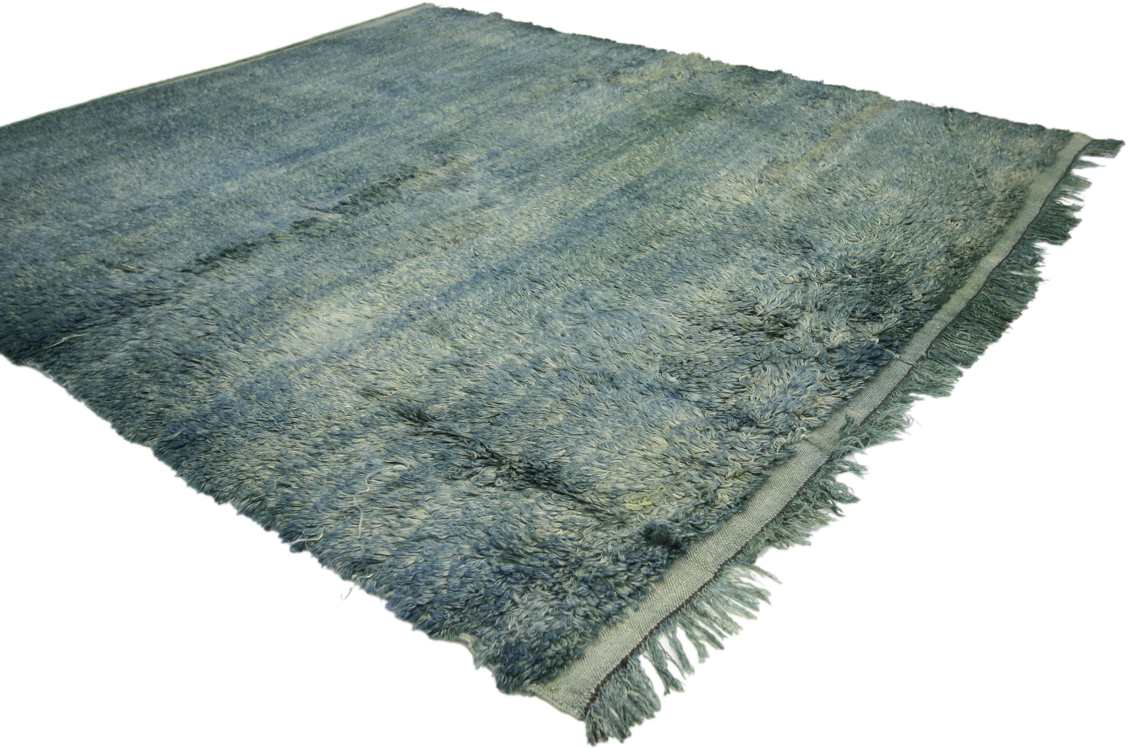 73981 Vintage Turkish Angora Wool rug in Ocean Verdigris with Mid-Century Modern Style 04'10 X 05'03. This hand knotted wool vintage Turkish rug features a solid plane of angora wool rendered in variegated shades of turquoise, ocean, teal and