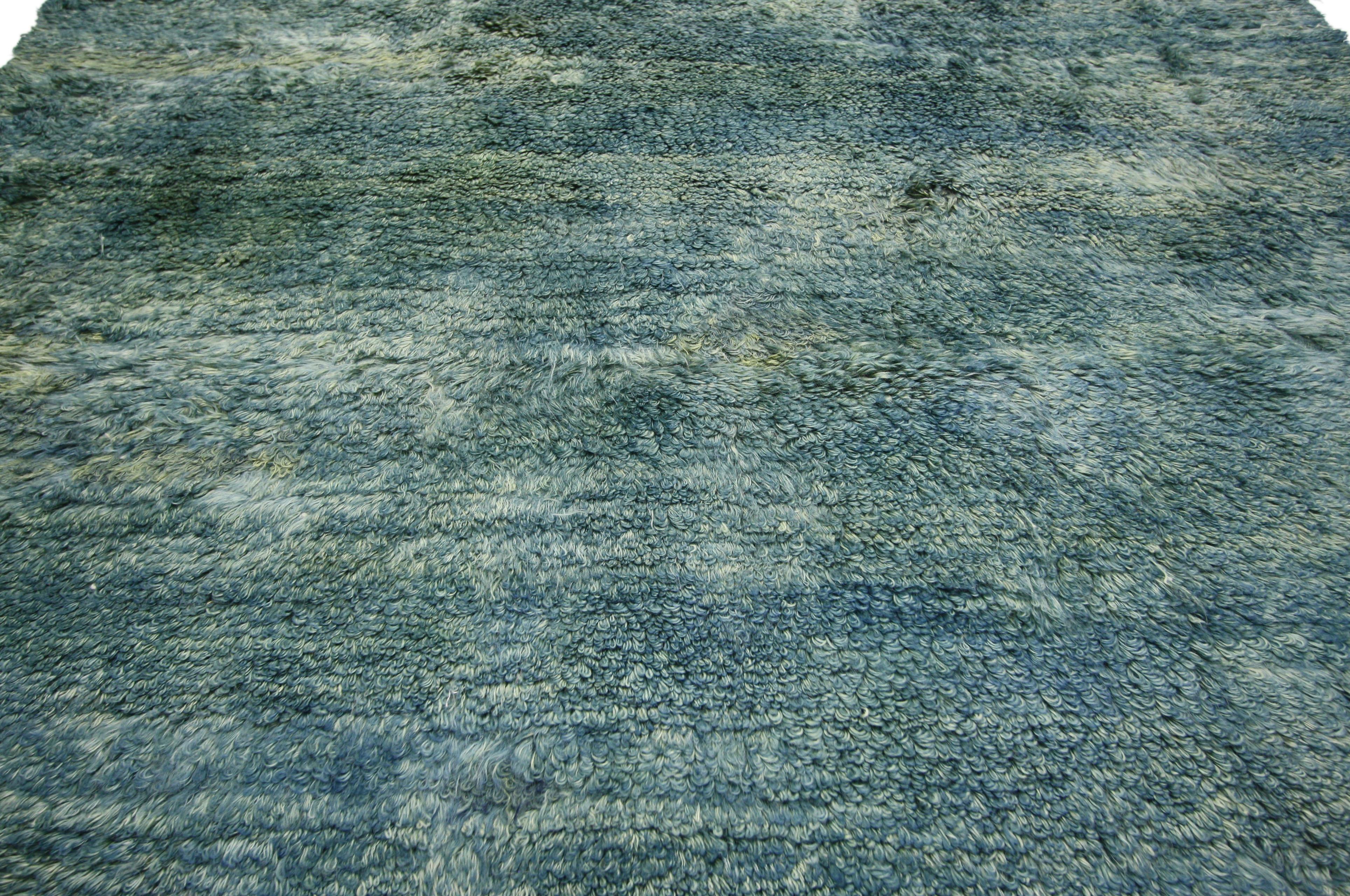 Hand-Knotted Vintage Turkish Angora Wool Rug in Ocean Verdigris with Mid-Century Modern Style