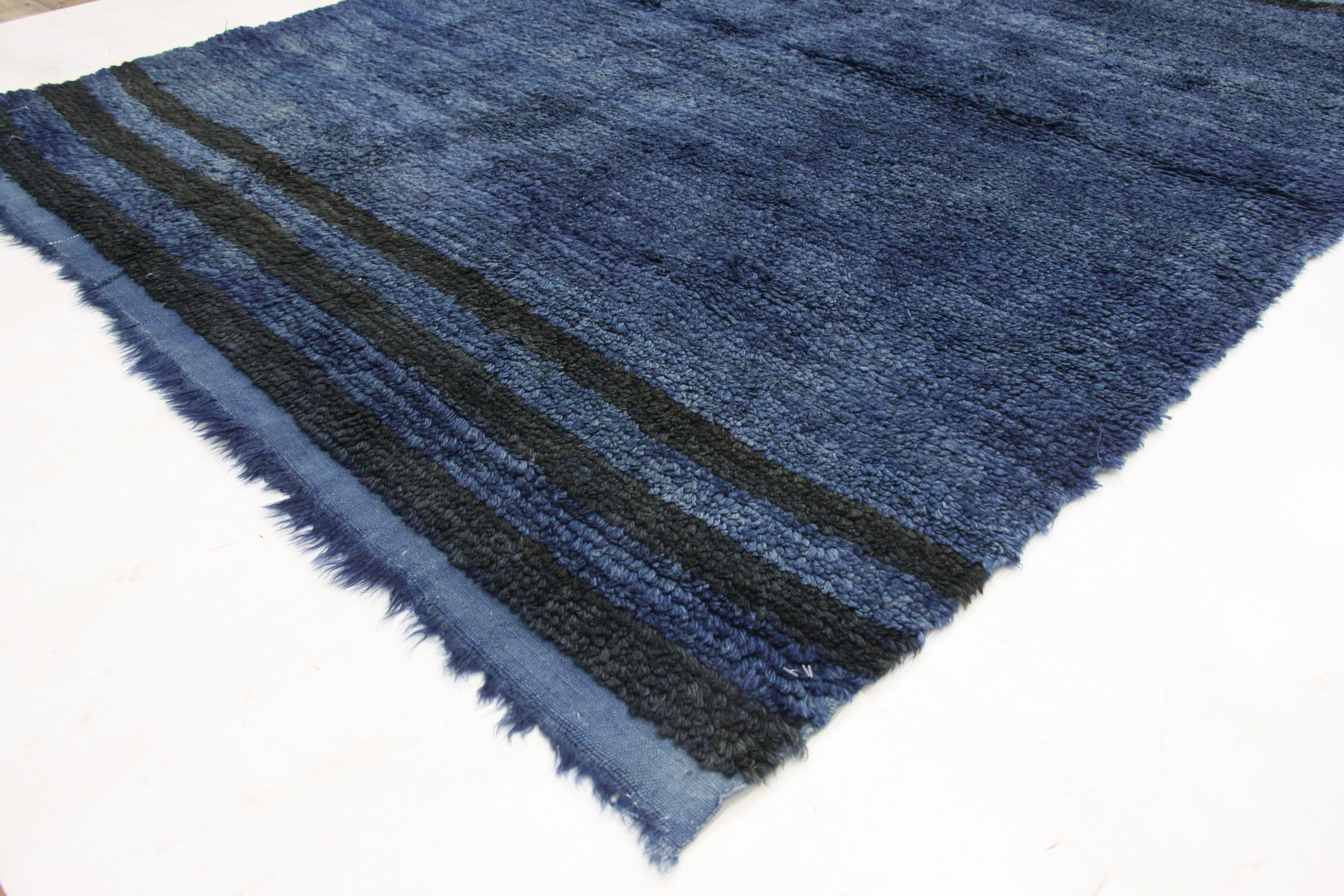 73980, vintage Turkish Angora wool rug with Mid-Century Modern style. This blue vintage Turkish rug features a plush pile of angora wool. Three stripes the length of the width grace both ends in a deeper hue, adding additional interest and symmetry