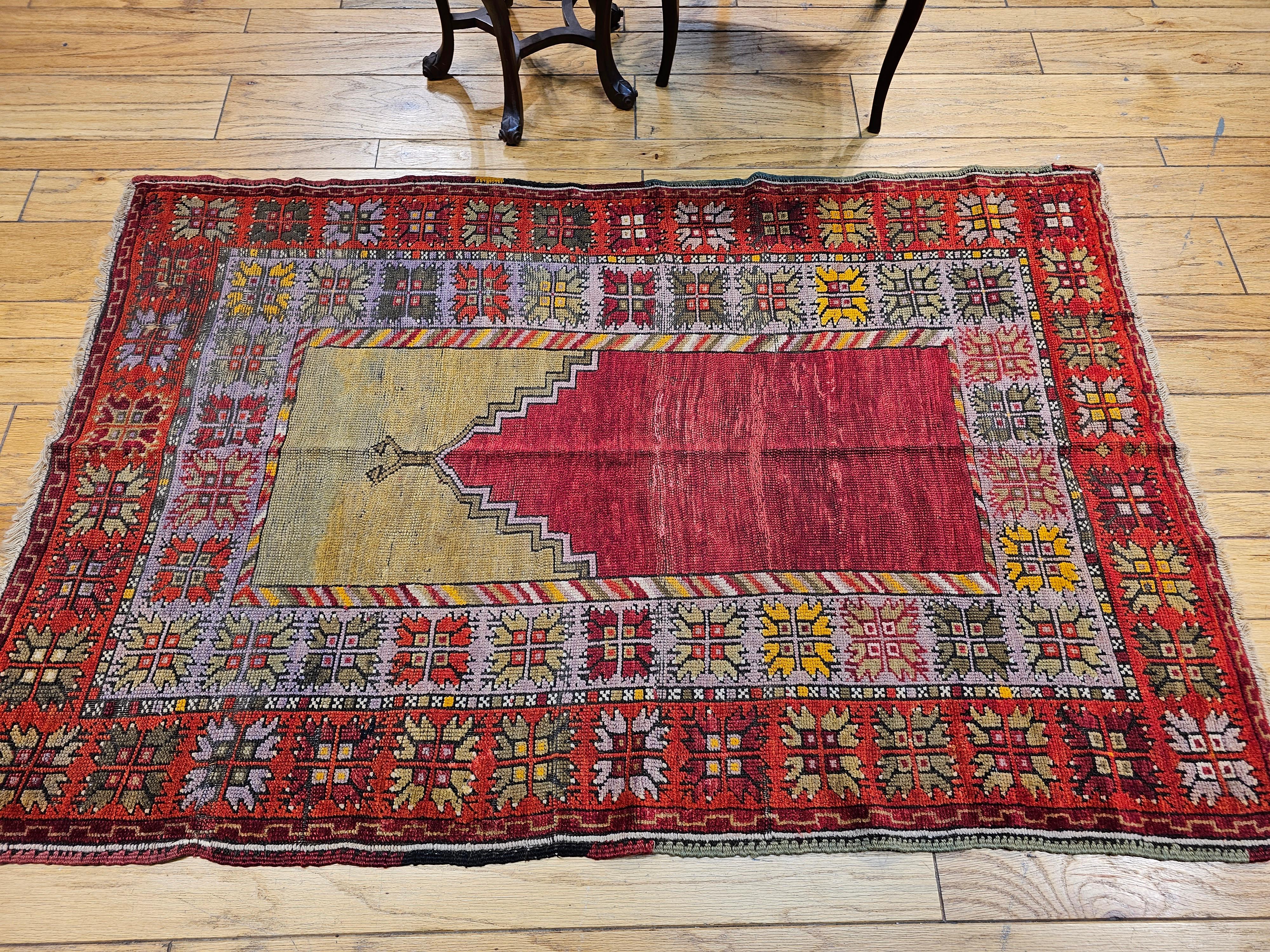 Vintage Turkish Prayer Area Rug in Fall Colors of Red, Yellow, Green, Purple For Sale 3