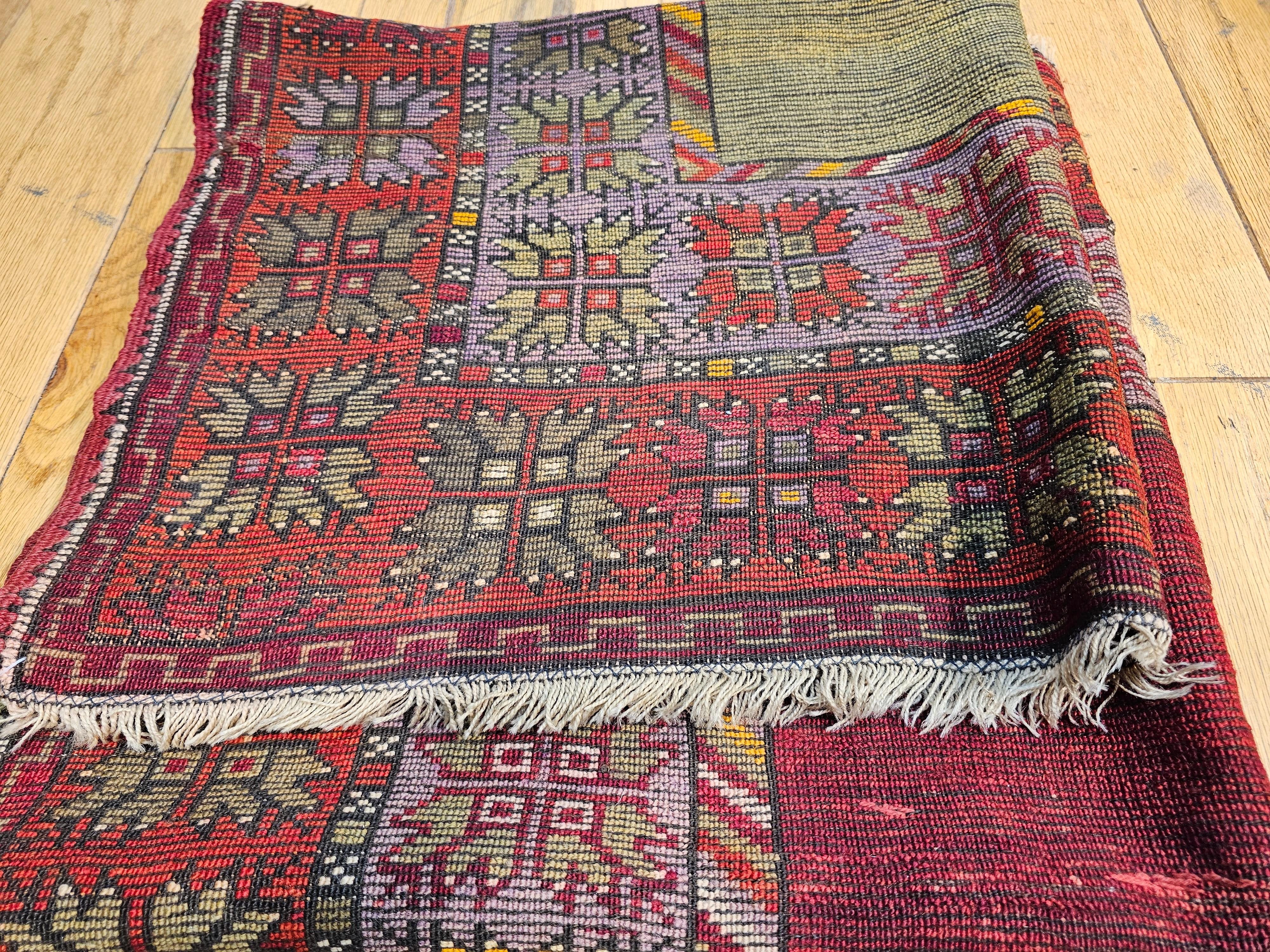 Vintage Turkish Prayer Area Rug in Fall Colors of Red, Yellow, Green, Purple For Sale 5