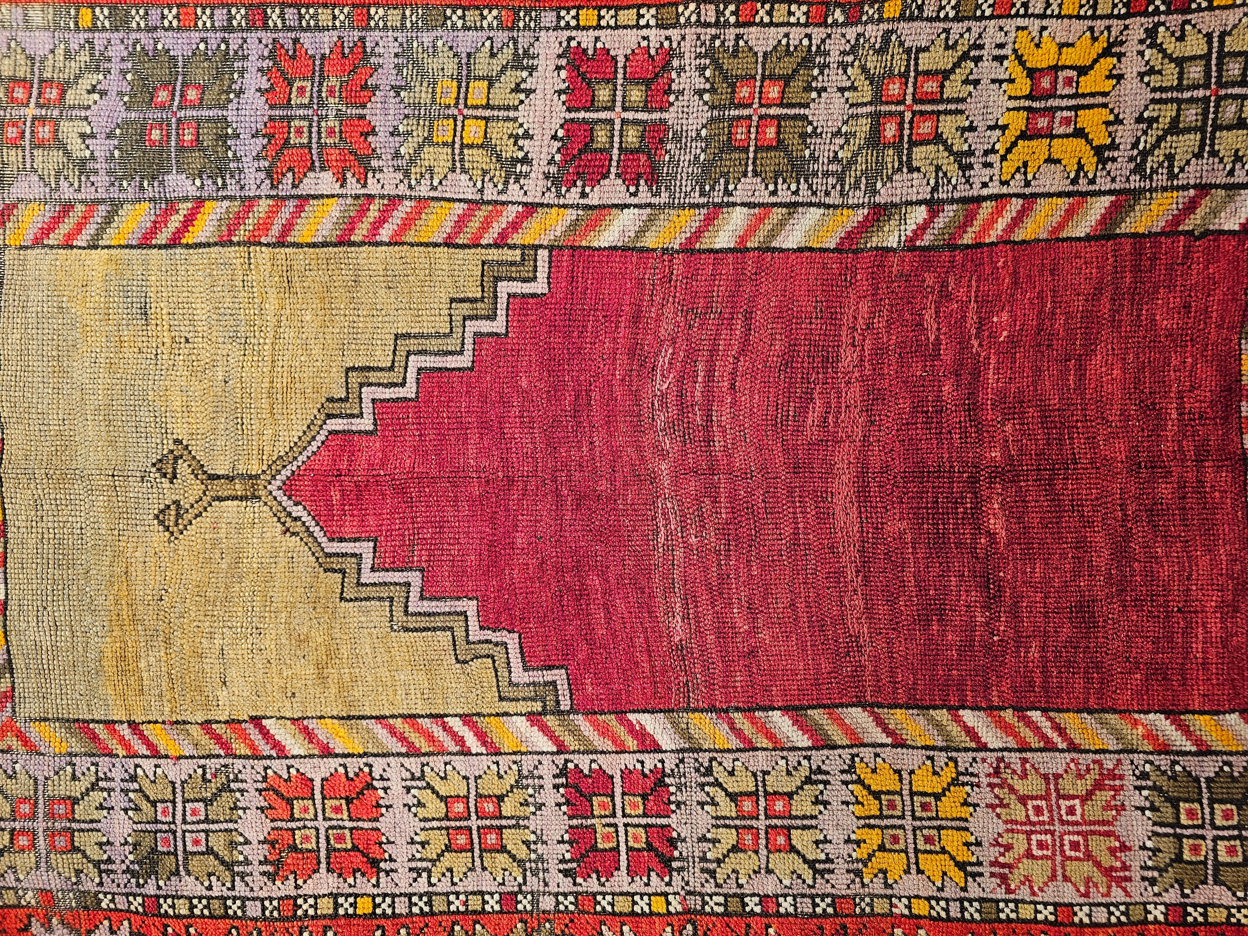 Vegetable Dyed Vintage Turkish Prayer Area Rug in Fall Colors of Red, Yellow, Green, Purple For Sale