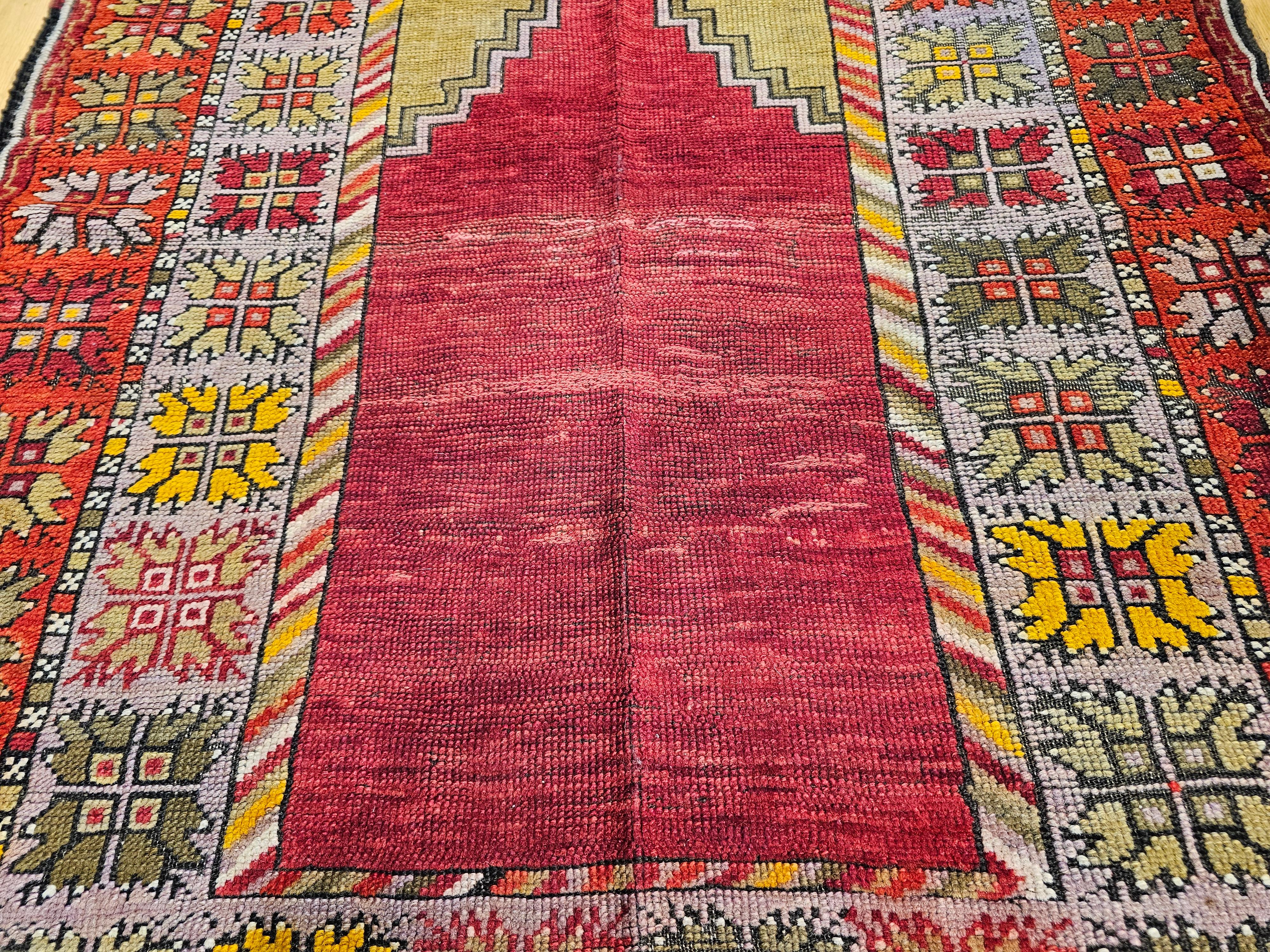Vintage Turkish Prayer Area Rug in Fall Colors of Red, Yellow, Green, Purple In Good Condition For Sale In Barrington, IL