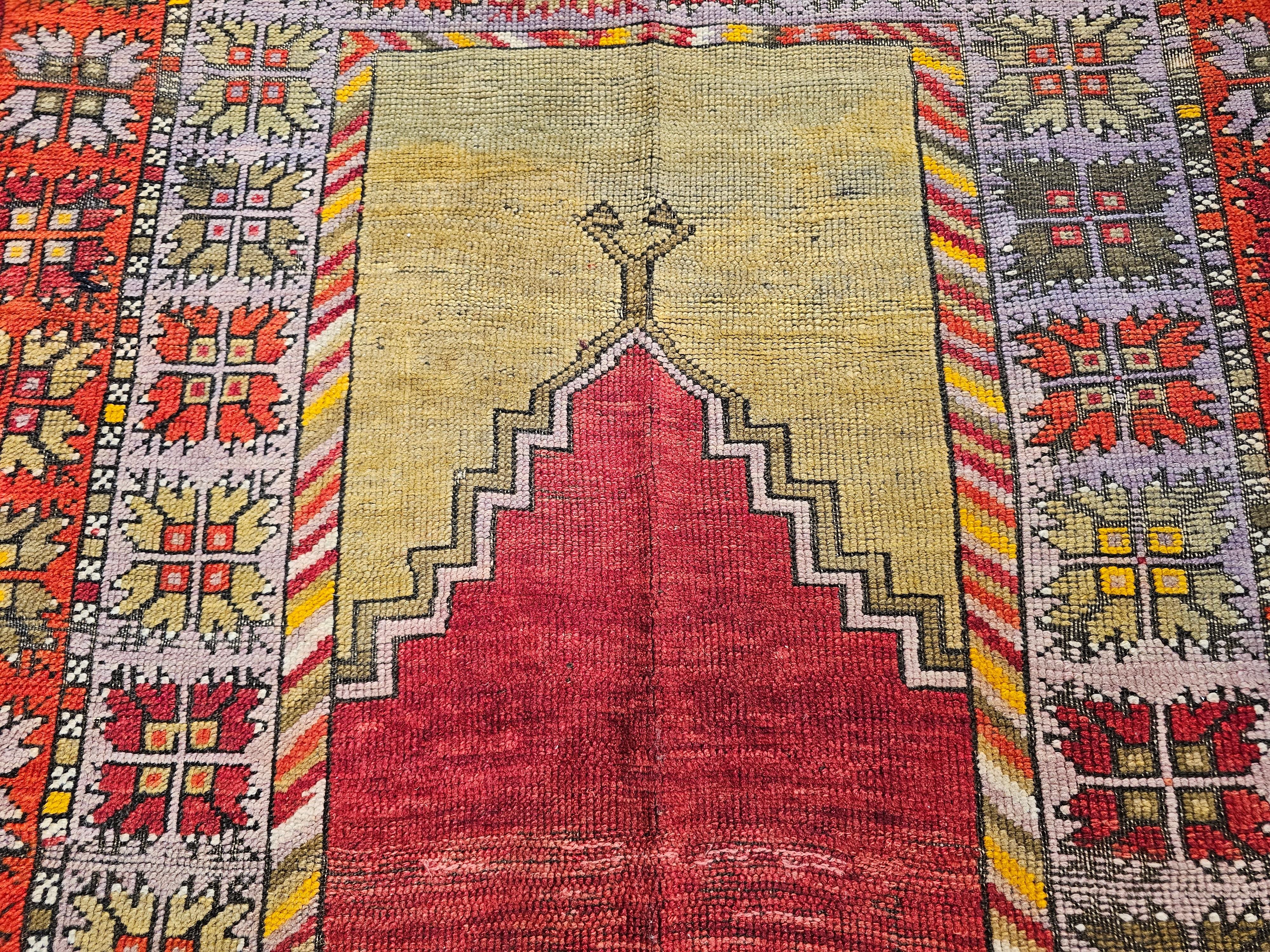 Wool Vintage Turkish Prayer Area Rug in Fall Colors of Red, Yellow, Green, Purple For Sale