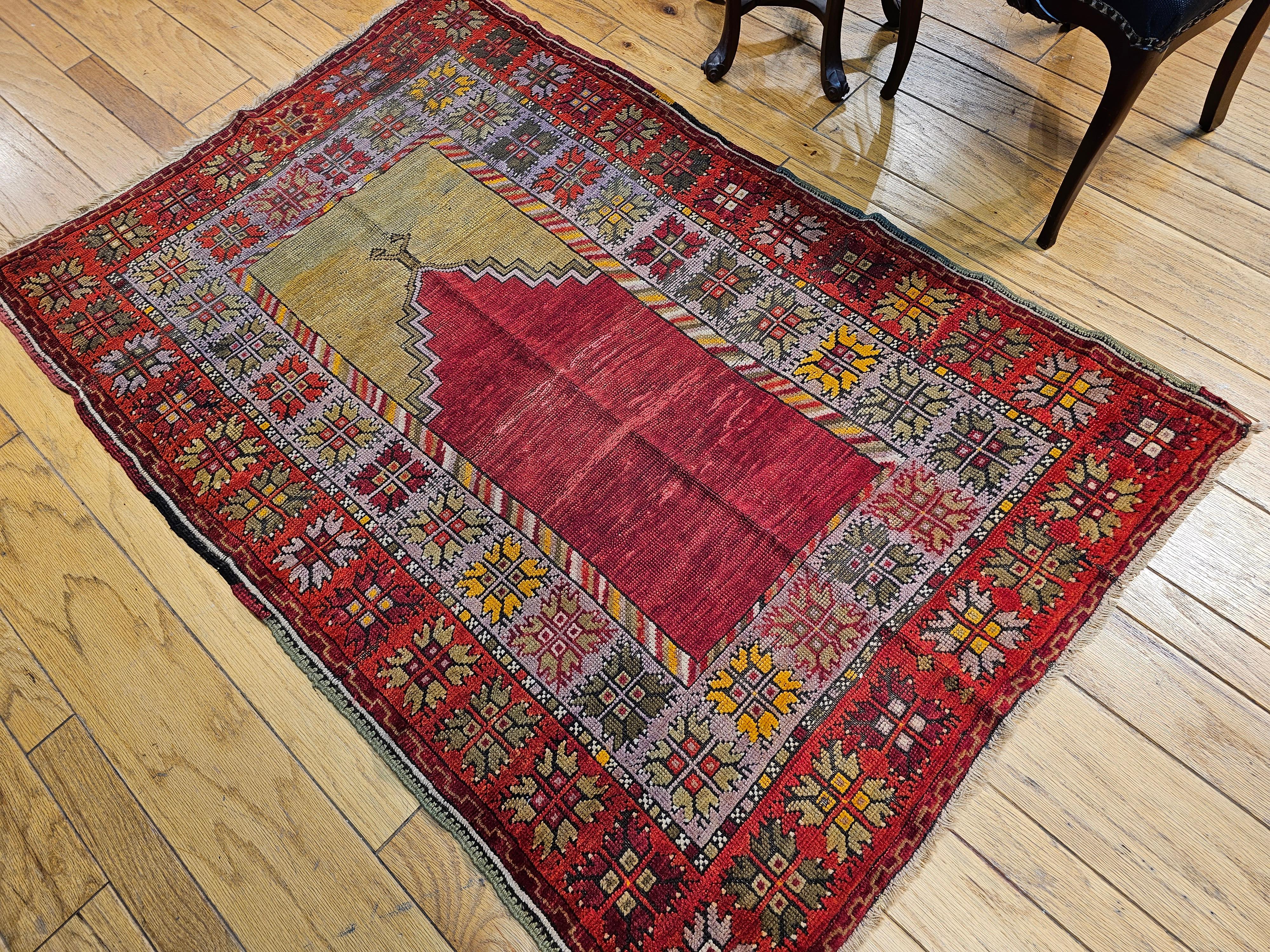 Vintage Turkish Prayer Area Rug in Fall Colors of Red, Yellow, Green, Purple For Sale 1