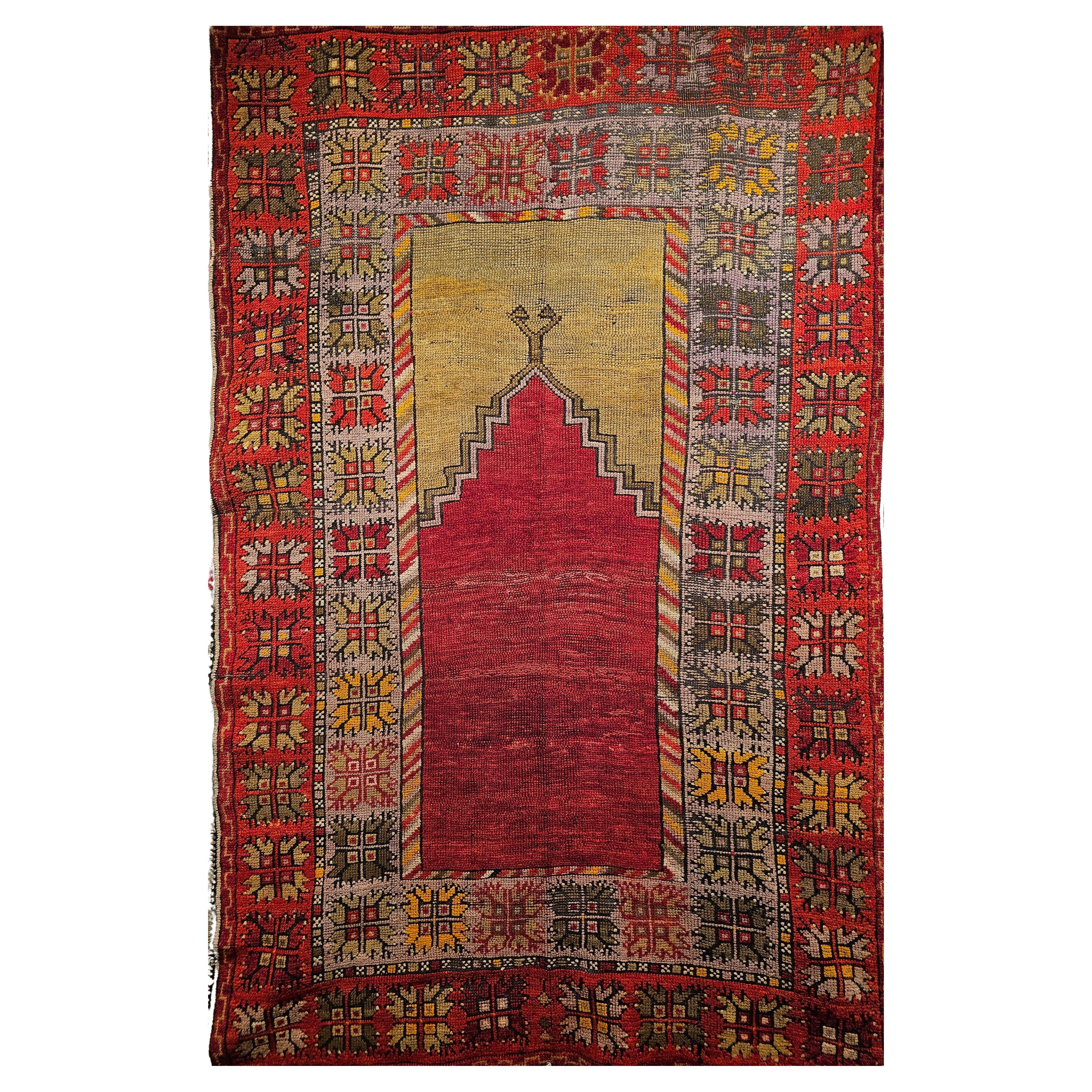 Vintage Turkish Prayer Area Rug in Fall Colors of Red, Yellow, Green, Purple