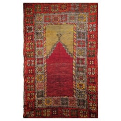 Vintage Turkish Prayer Area Rug in Fall Colors of Red, Yellow, Green, Purple