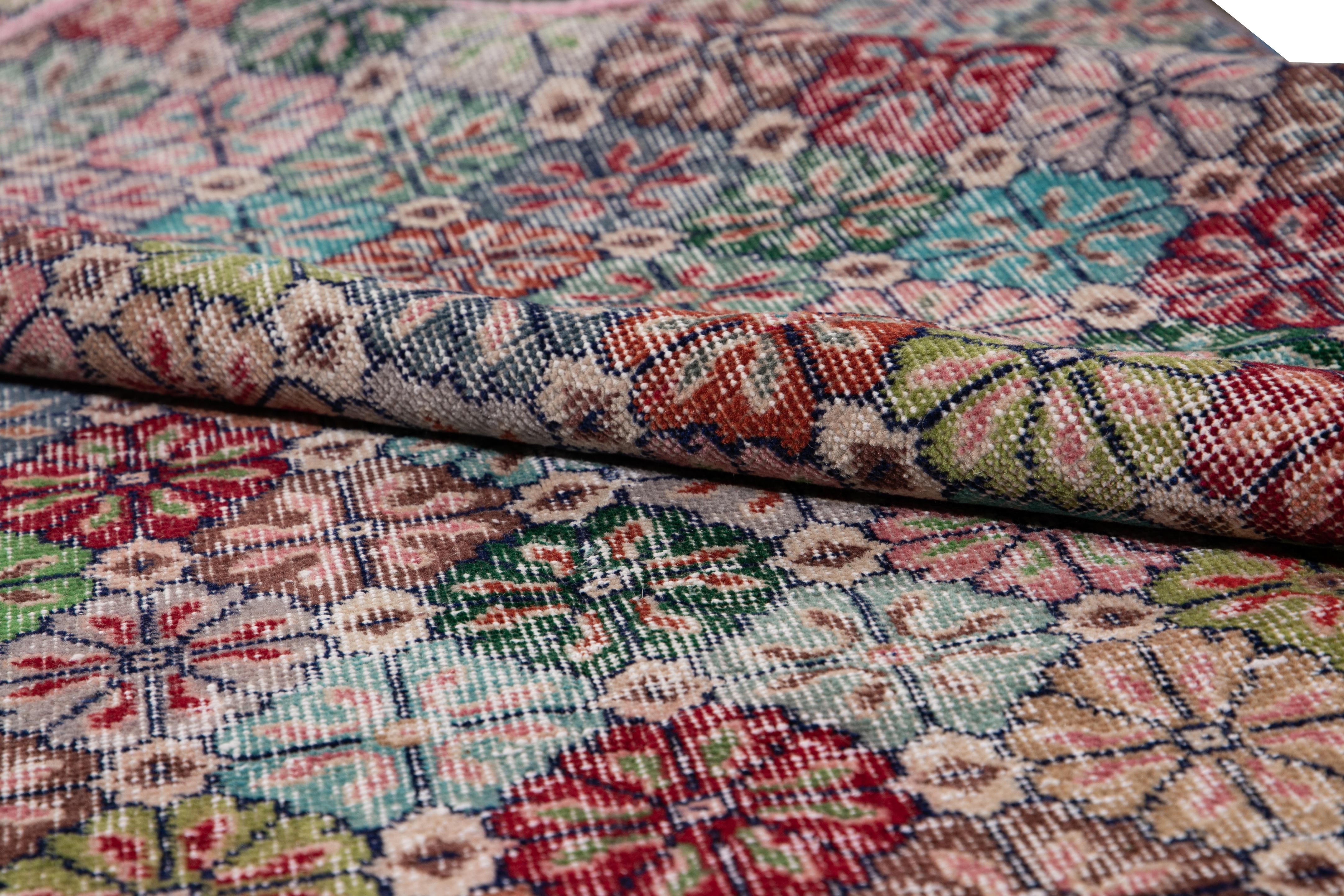 Hand-Knotted Vintage Turkish Art Deco Room Size Multi-color Floral Wool Rug For Sale