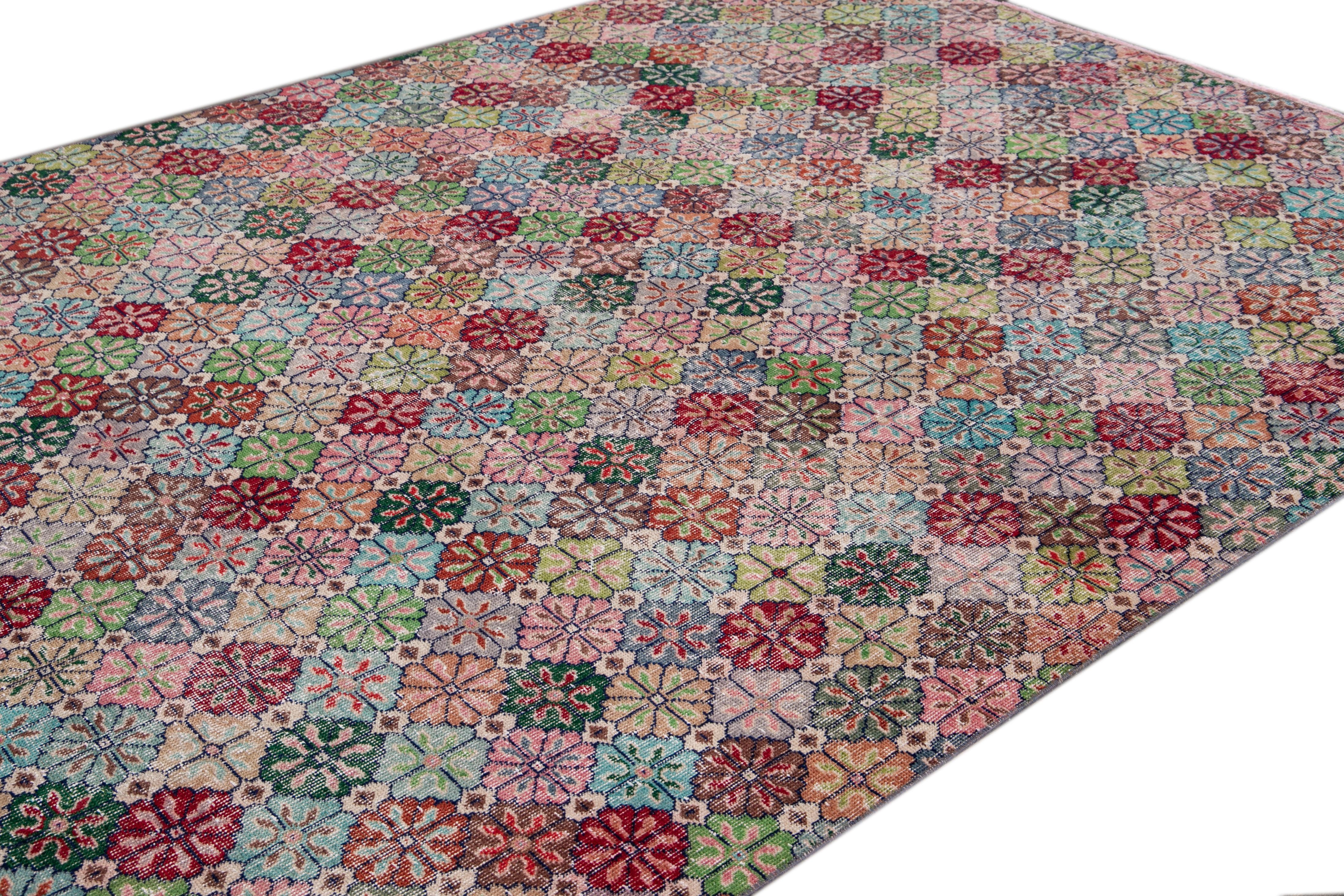 Vintage Turkish Art Deco Room Size Multi-color Floral Wool Rug In Distressed Condition For Sale In Norwalk, CT