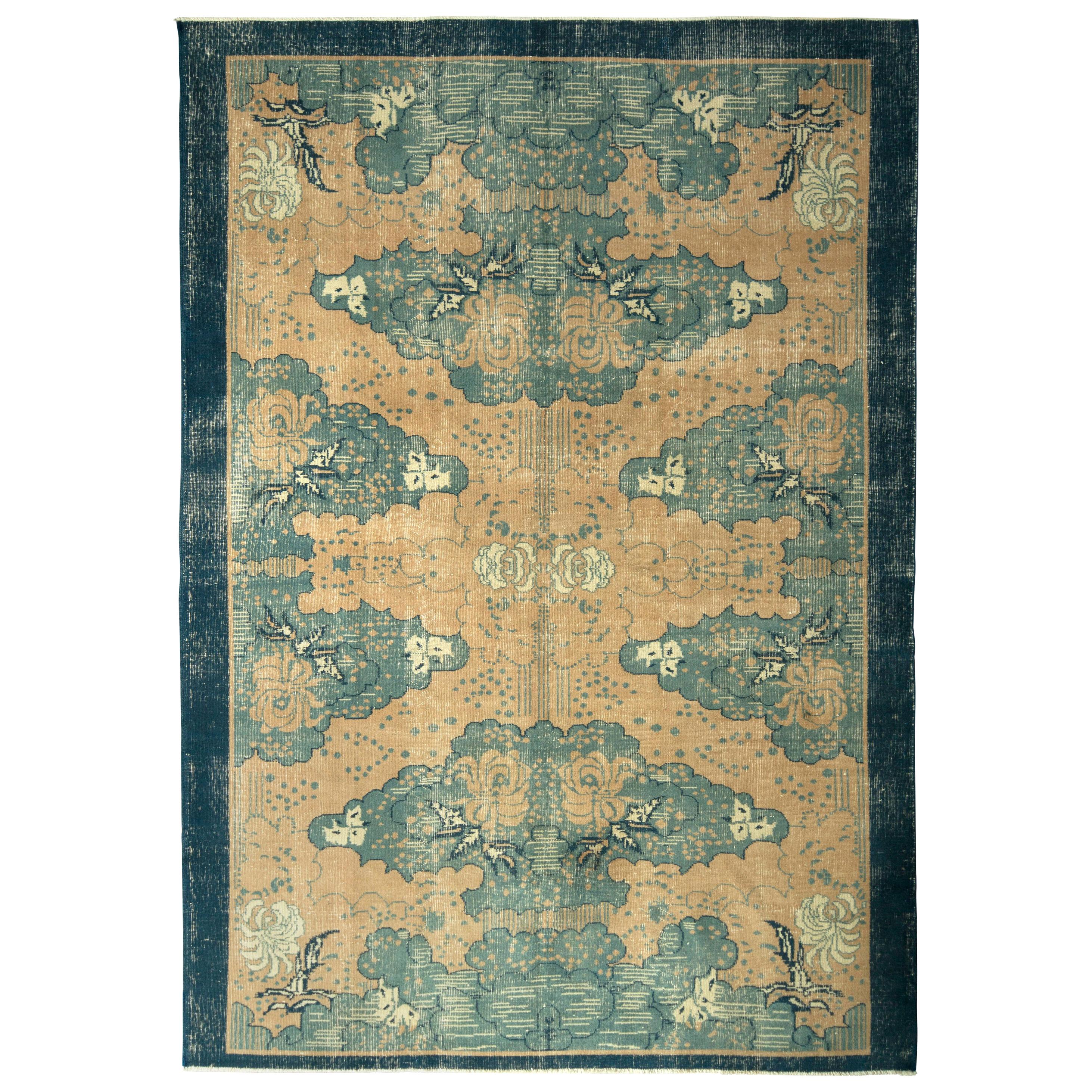 Vintage Turkish Art Deco Rug Beige Blue Mid Century All over Pattern