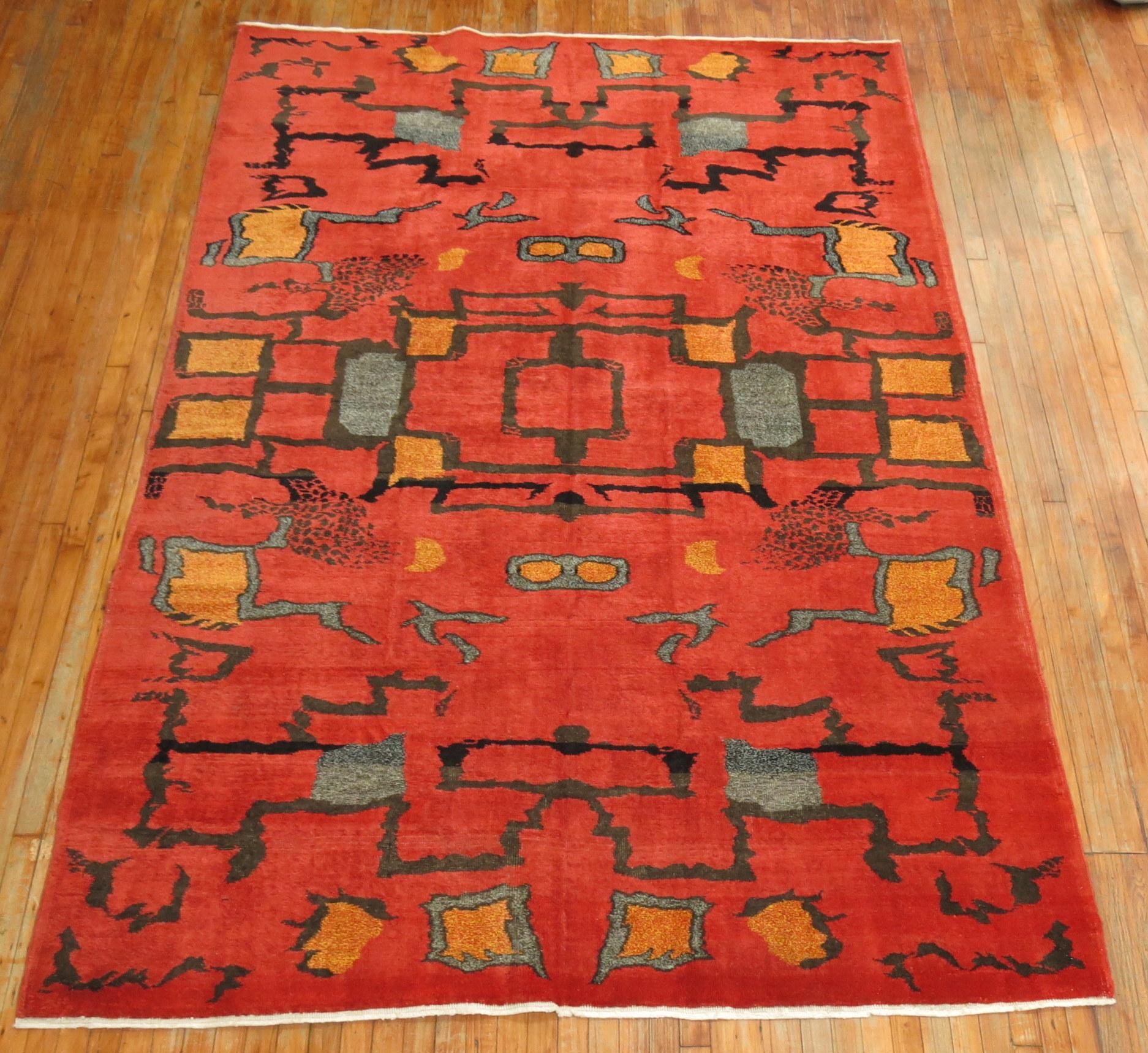 A one of a kind mid-20th century primitive Turkish Art Deco Inspired rug. Purchased from a boutique hotel in the old grand bazaar in Istanbul. A rug to enjoy.

Measures: 6'10