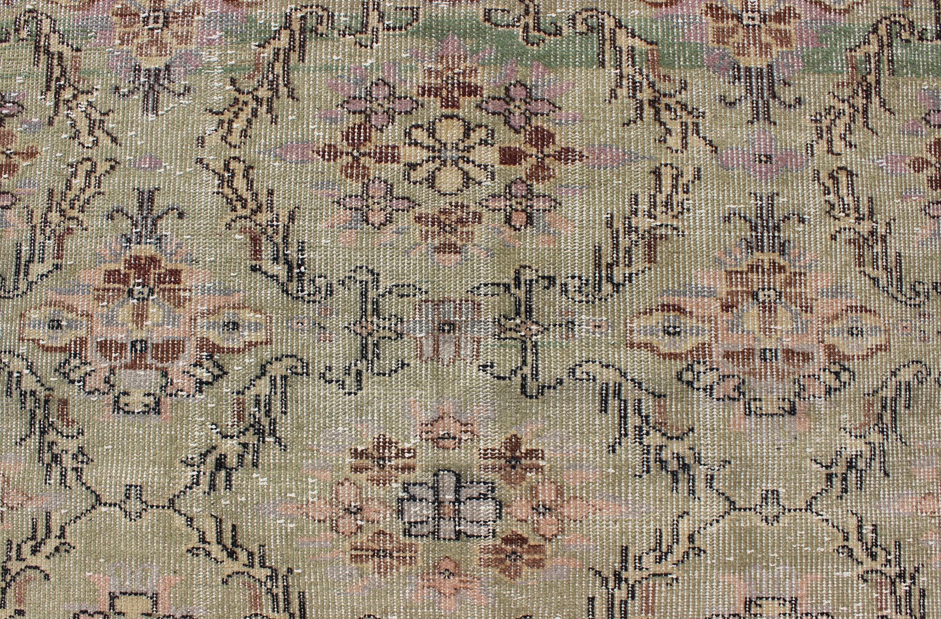 20th Century Vintage Turkish Art Deco Rug with All-Over Vining Flowers Design in Lavender For Sale