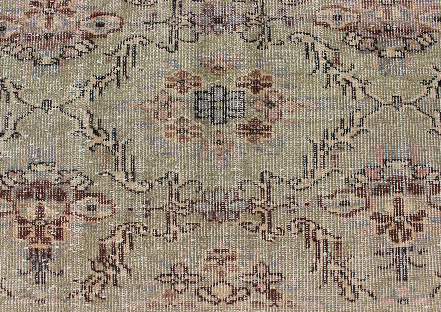 Wool Vintage Turkish Art Deco Rug with All-Over Vining Flowers Design in Lavender For Sale