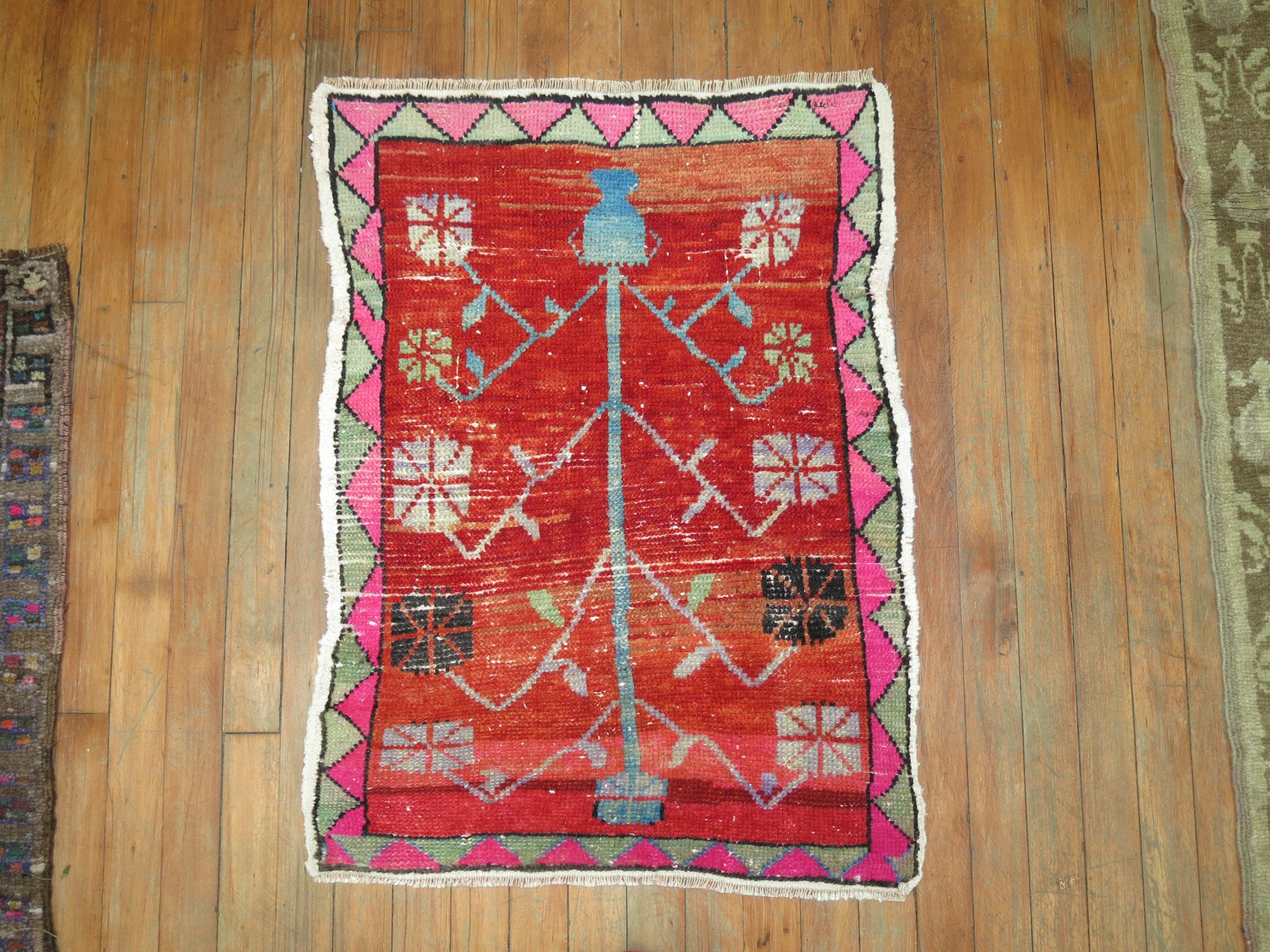 One-of-a-kind vintage Turkish rug with intense bright colors. 

2' x 2'8''