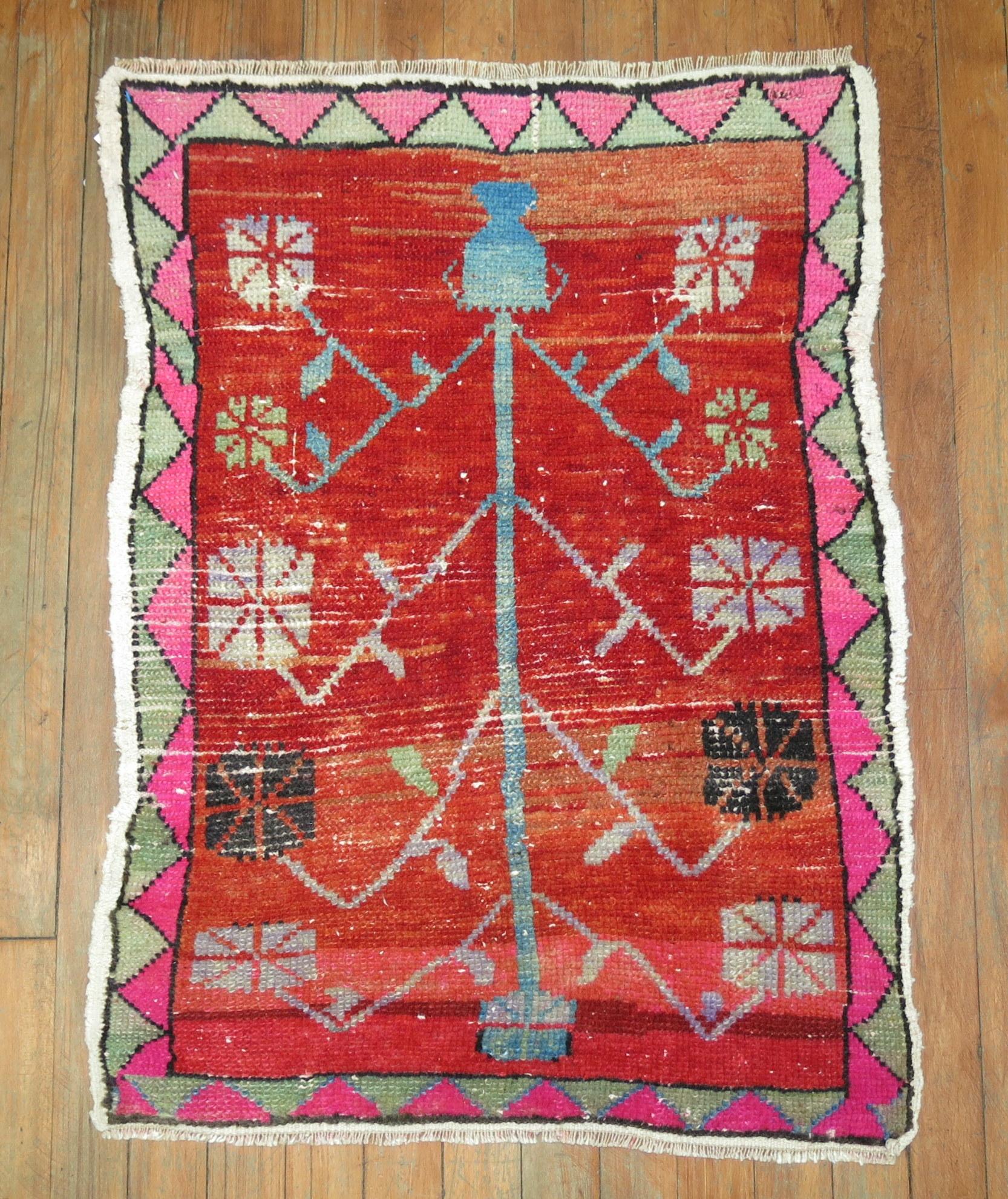 Bohemian Zabihi Collection Wild Vintage Turkish Throw Rug with Pink Accents