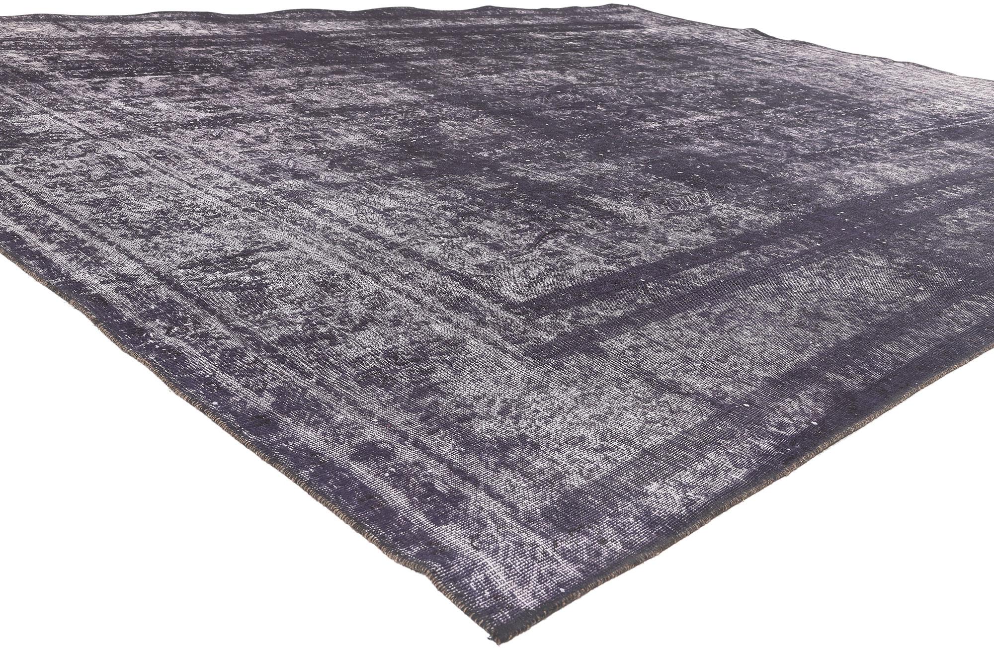 60692 Vintage Turkish Overdyed Rug, 09’05 x 12’04. 
Industrial Chic meets luxe utilitarian appeal in this hand knotted wool vintage Turkish overdyed rug. The erased botanical design and monochromatic color scheme in this piece work together