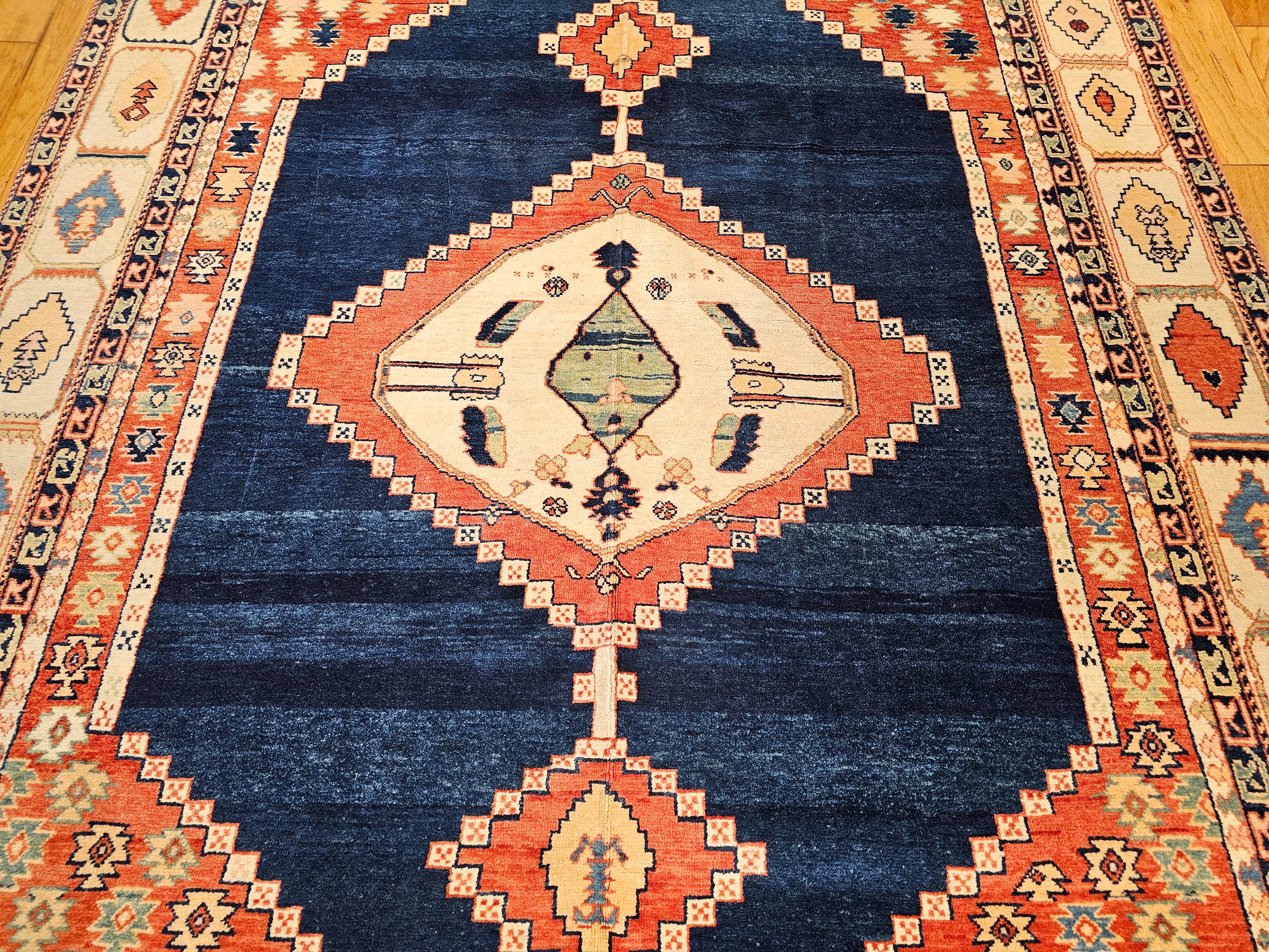 Hand-Knotted Vintage Turkish Azari in Serapi Geometric Pattern in Navy Blue, Ivory, Red For Sale