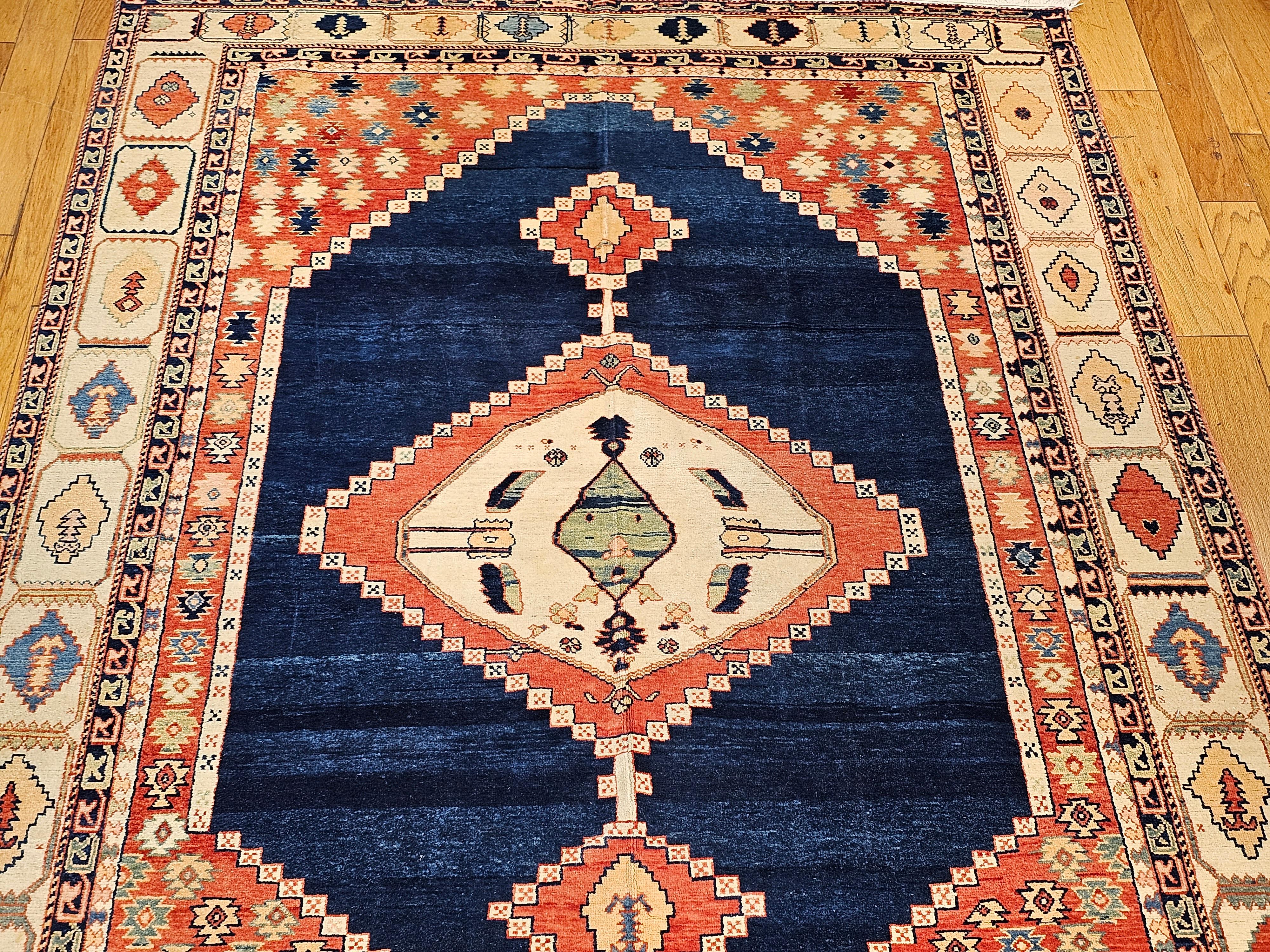 Wool Vintage Turkish Azari in Serapi Geometric Pattern in Navy Blue, Ivory, Red For Sale