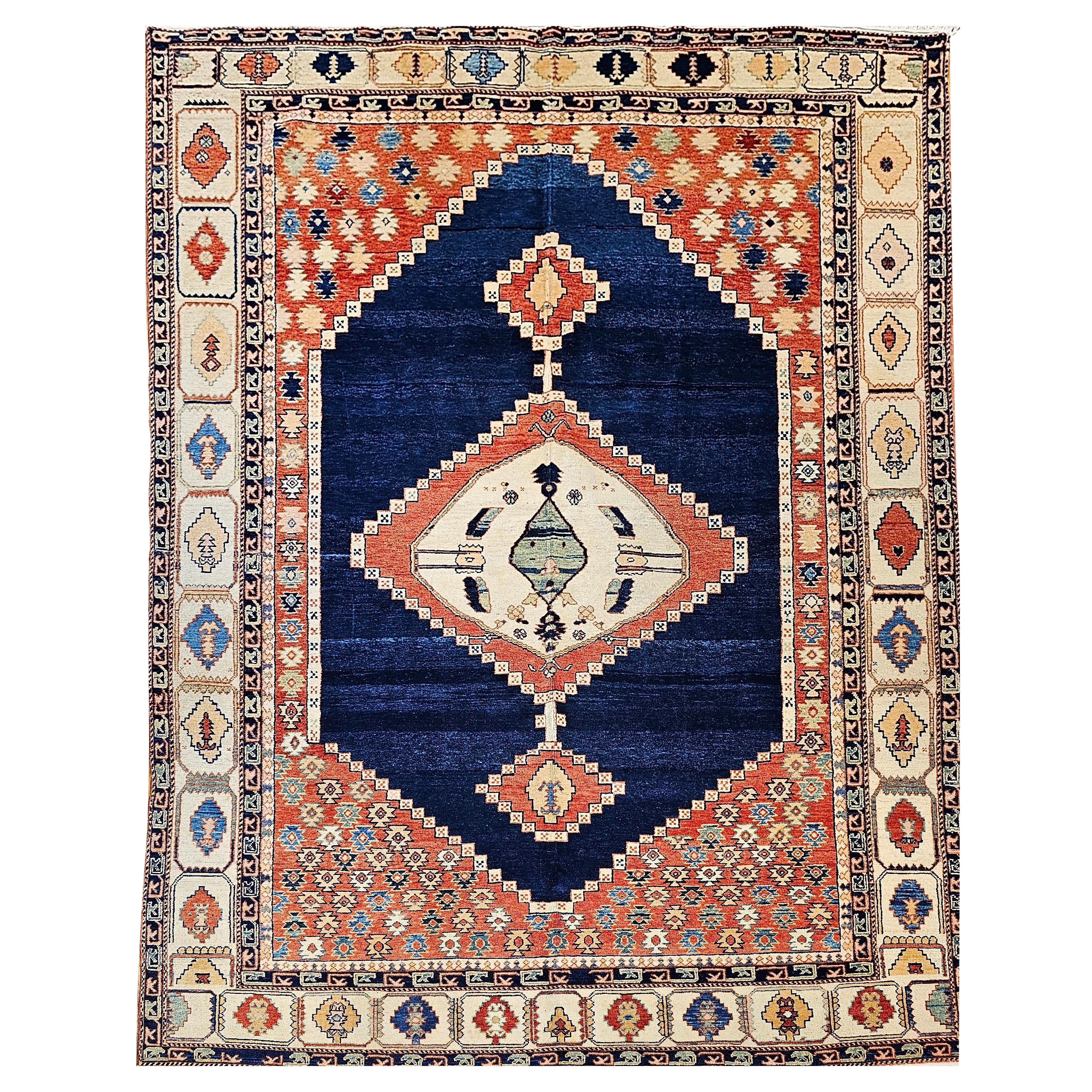 Vintage Turkish Azeri Rug, Hand-Knotted Wool, Geometric Design, Navy & Red, 8x11