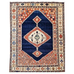 Vintage Turkish Azeri Rug, Handspun Wool, Geometric Design, Navy & Red, 8' x 11'