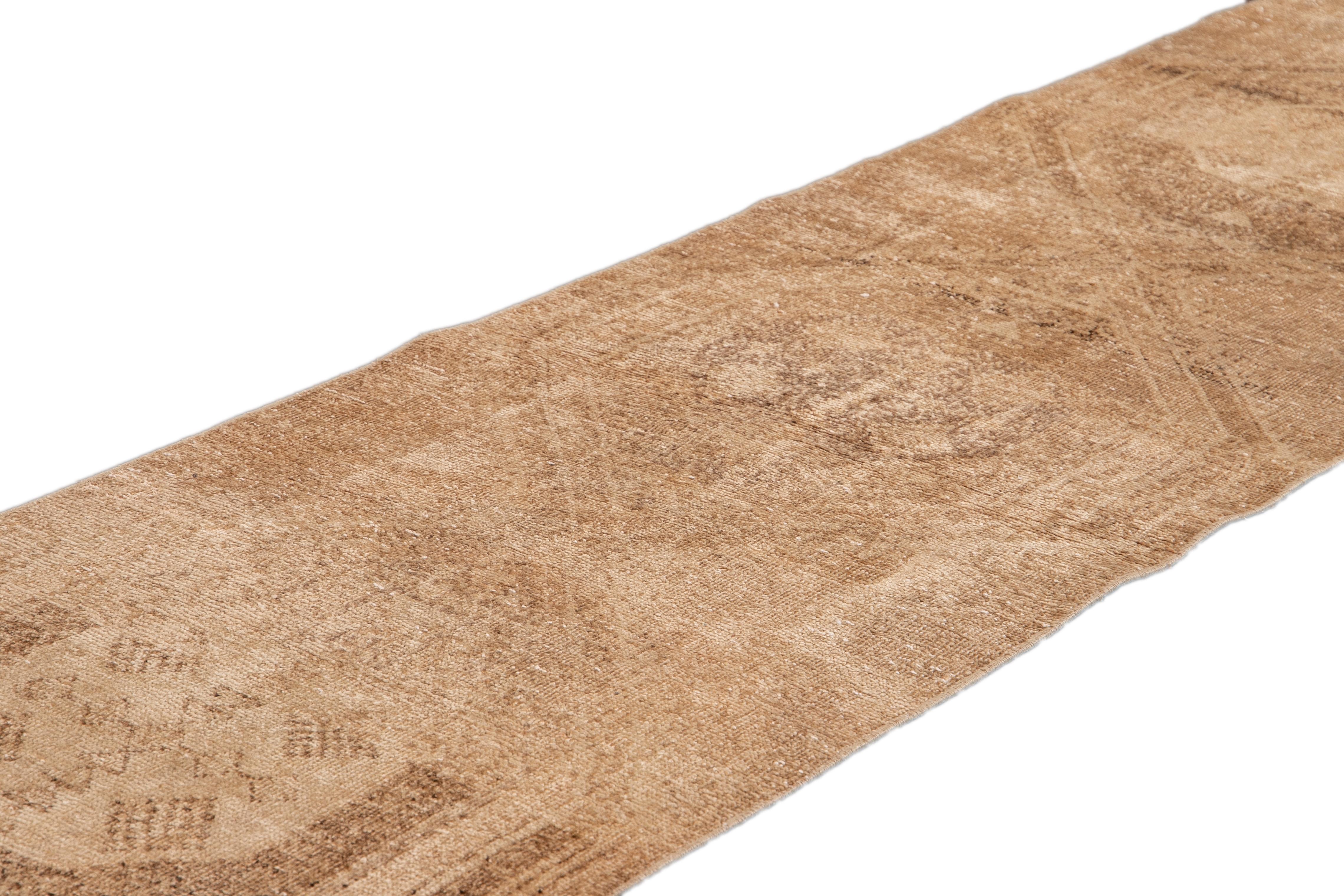 Vintage Turkish Beige and Brown Handmade Shabby Chic Wool Runner In Distressed Condition For Sale In Norwalk, CT