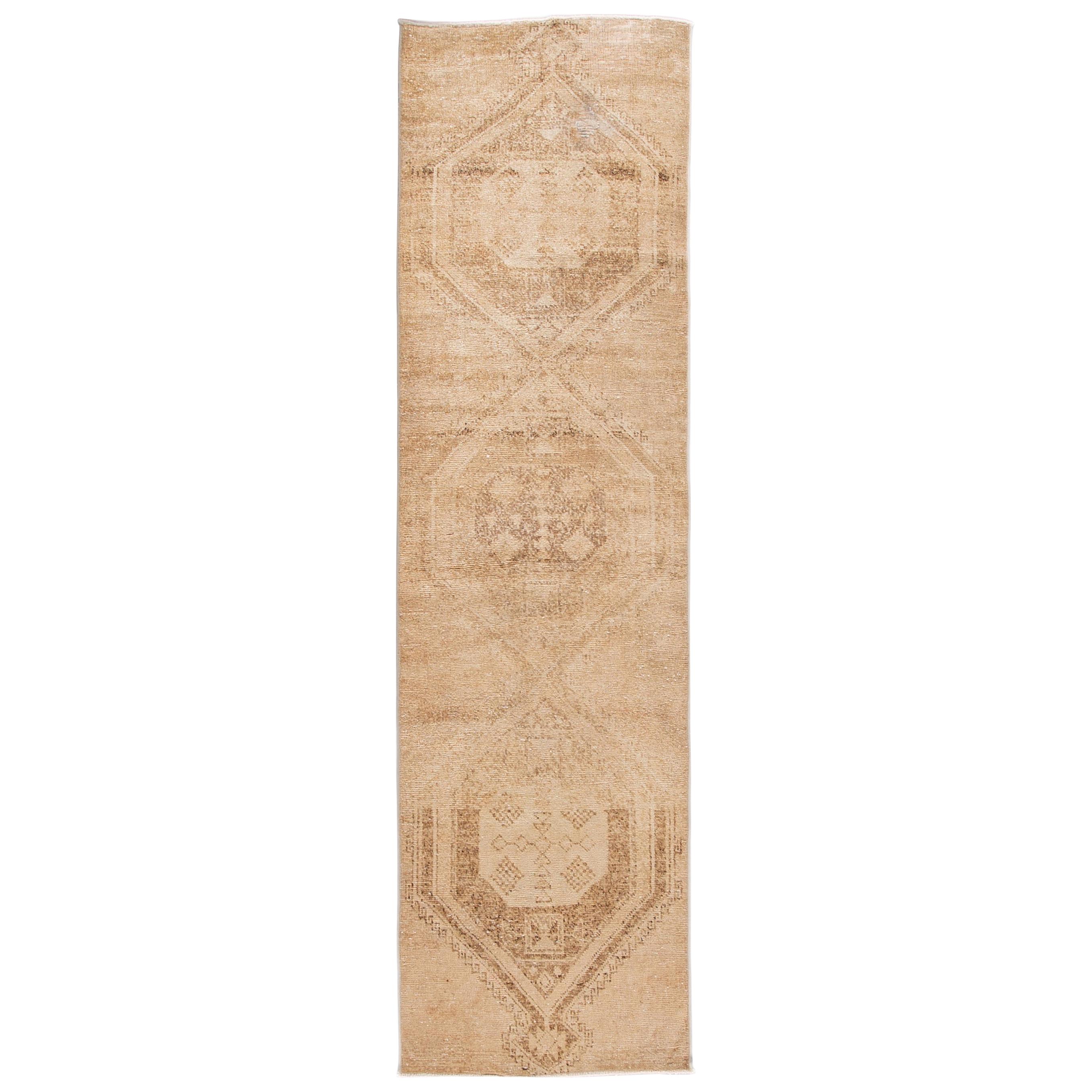 Vintage Turkish Beige and Brown Handmade Shabby Chic Wool Runner For Sale