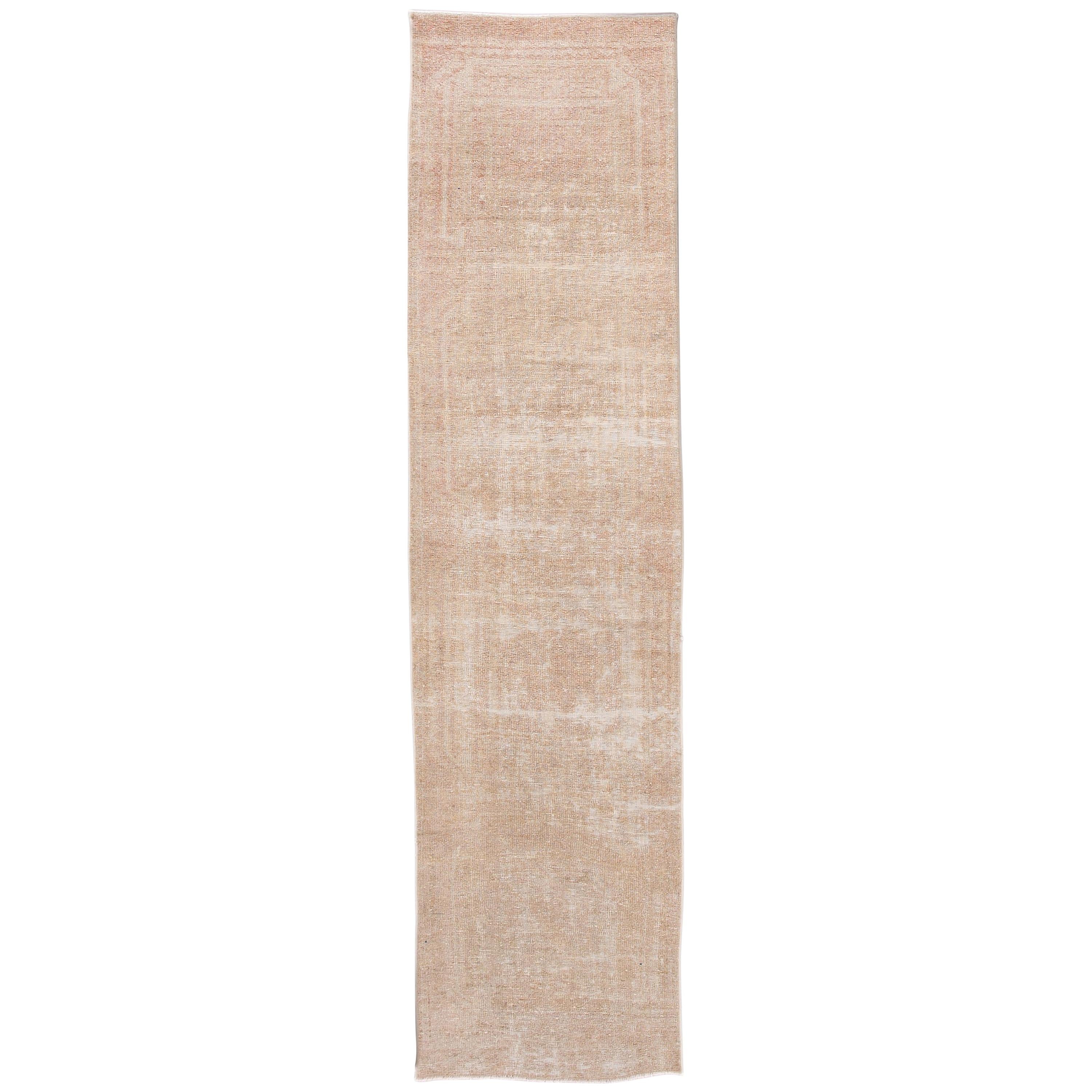 Vintage Turkish Beige Handmade Distressed Wool Runner For Sale