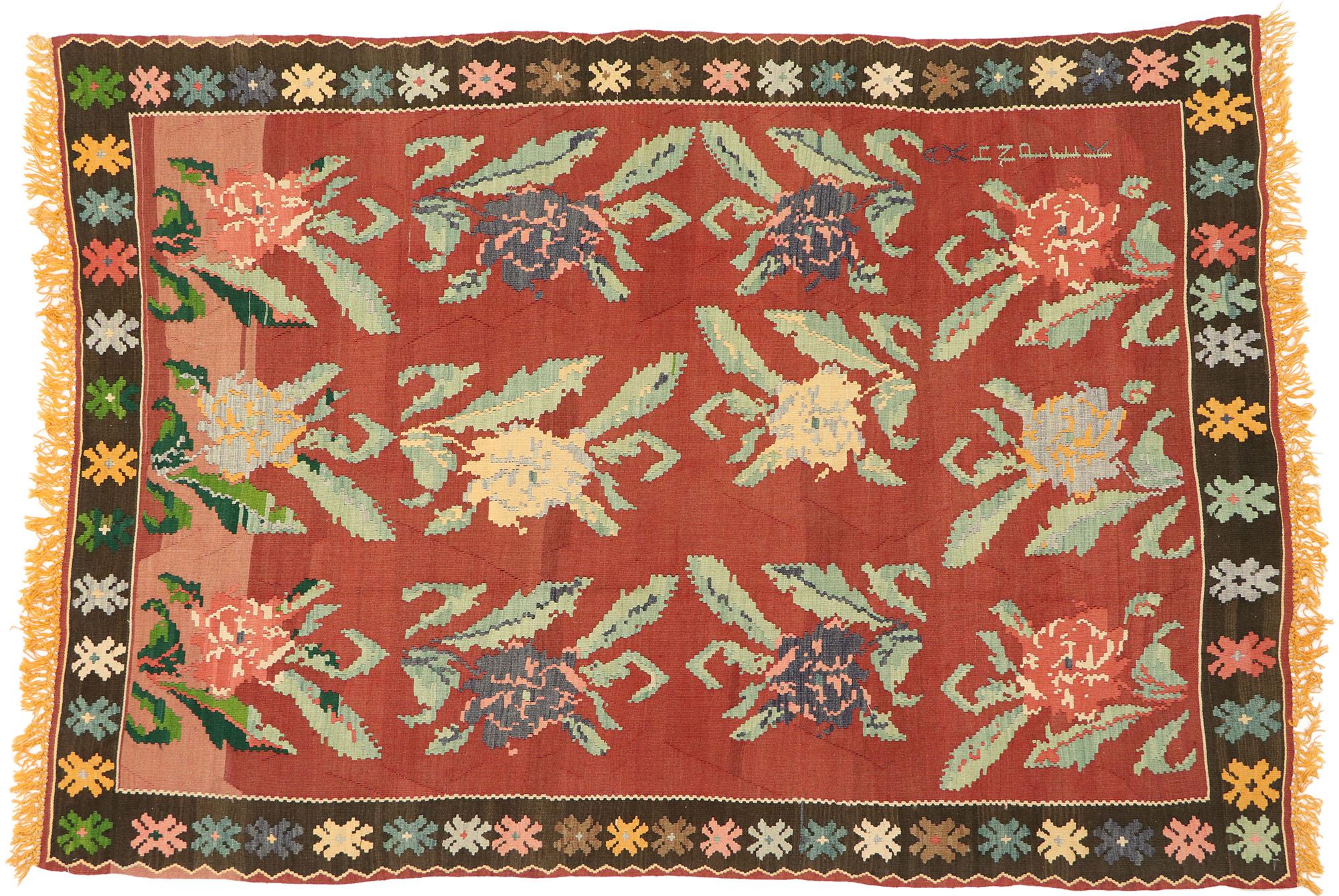Vintage Turkish Bessarabian Rose Carpet For Sale 2