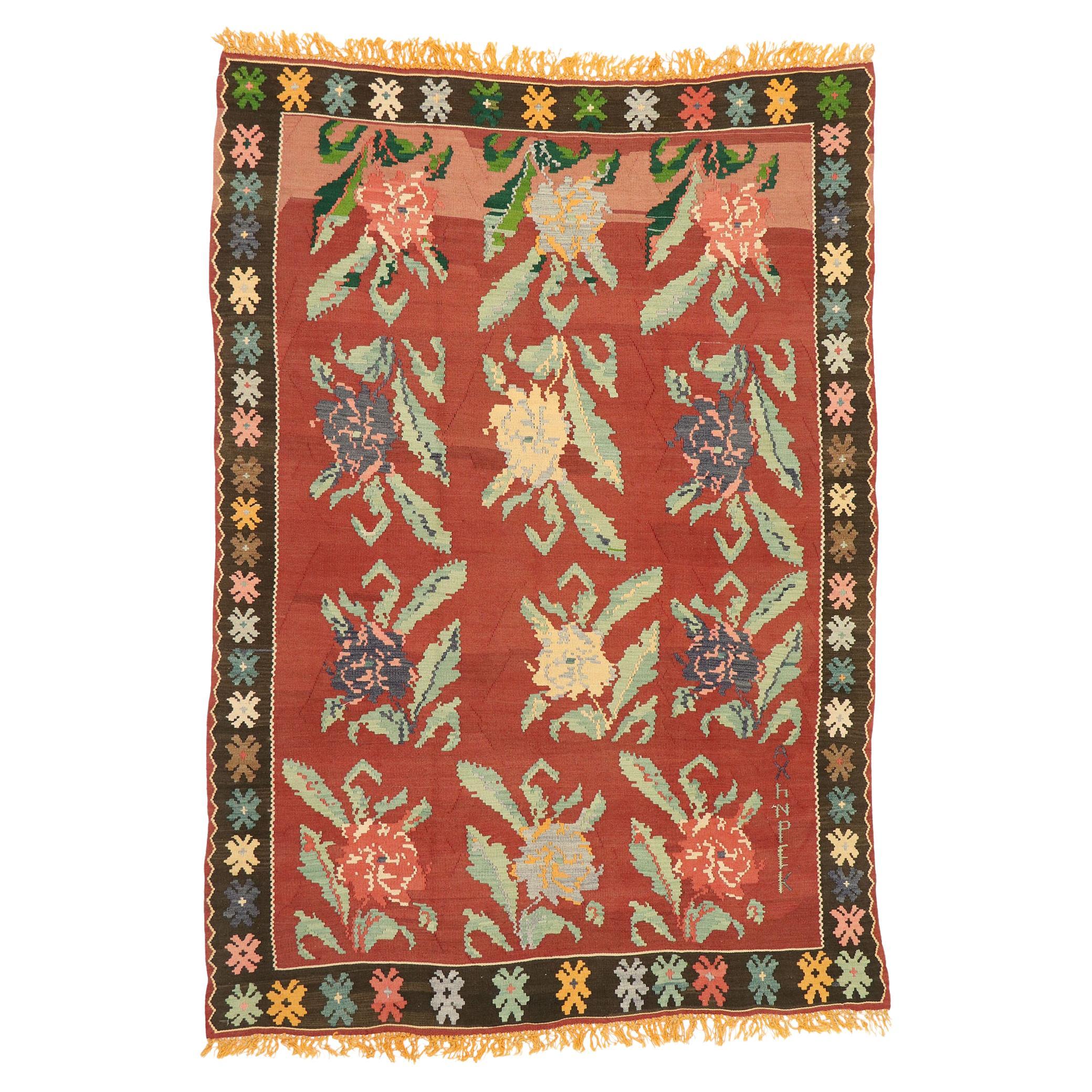 Vintage Turkish Bessarabian Rose Carpet For Sale