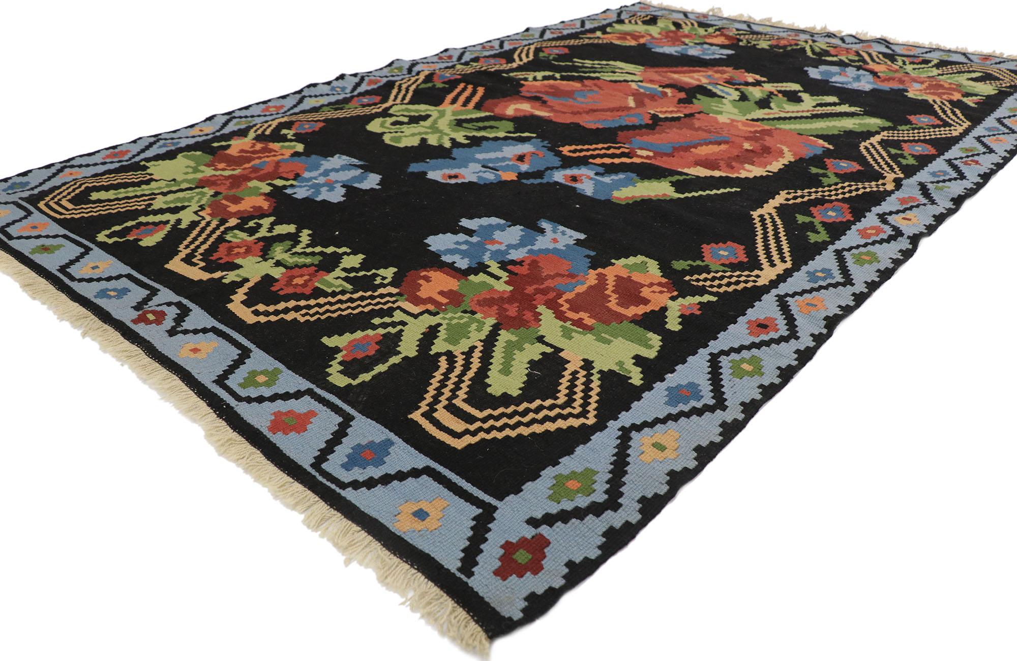 78009 Vintage Turkish Bessarabian Rose Kilim Rug with English Country Chintz Style 05'00 x 07'08. Drawing inspiration from Mario Buatta and romantic Chintz style, this hand-woven floral Turkish kilim rug gives a lively and light hearted feel with