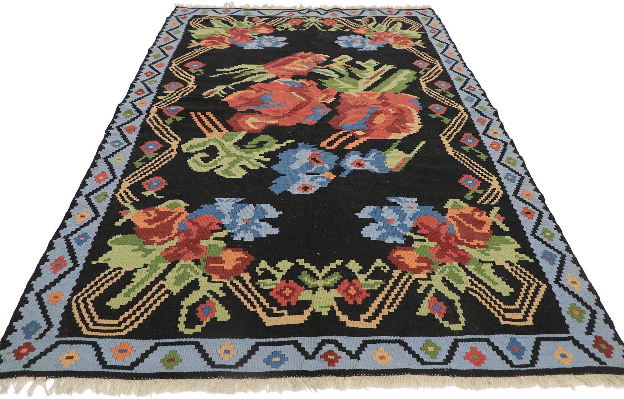 Hand-Woven Vintage Turkish Bessarabian Rose Kilim Rug with English Country Chintz Style For Sale