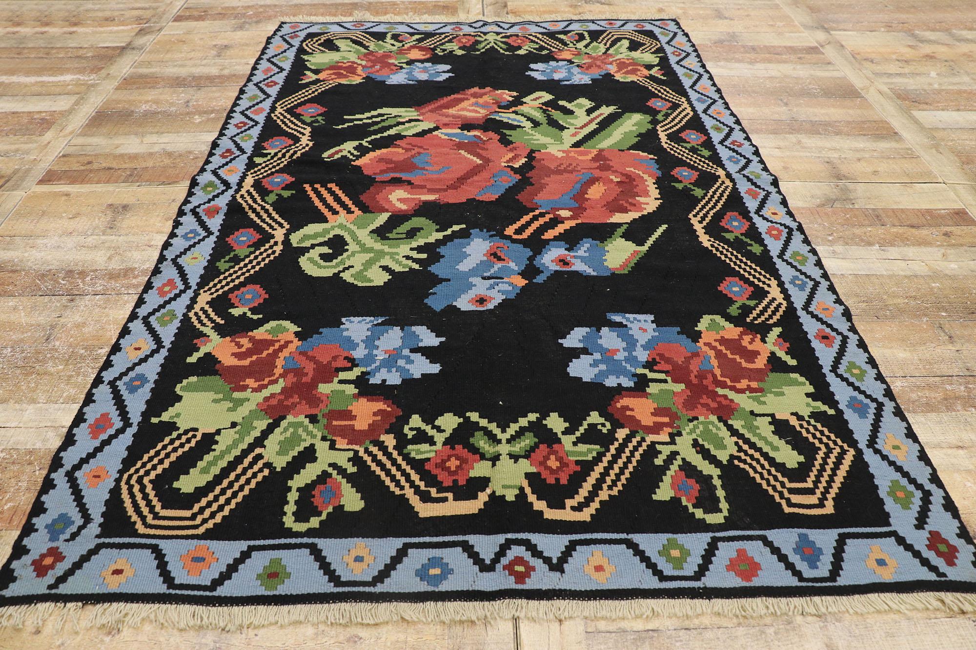 Vintage Turkish Bessarabian Rose Kilim Rug with English Country Chintz Style For Sale 1