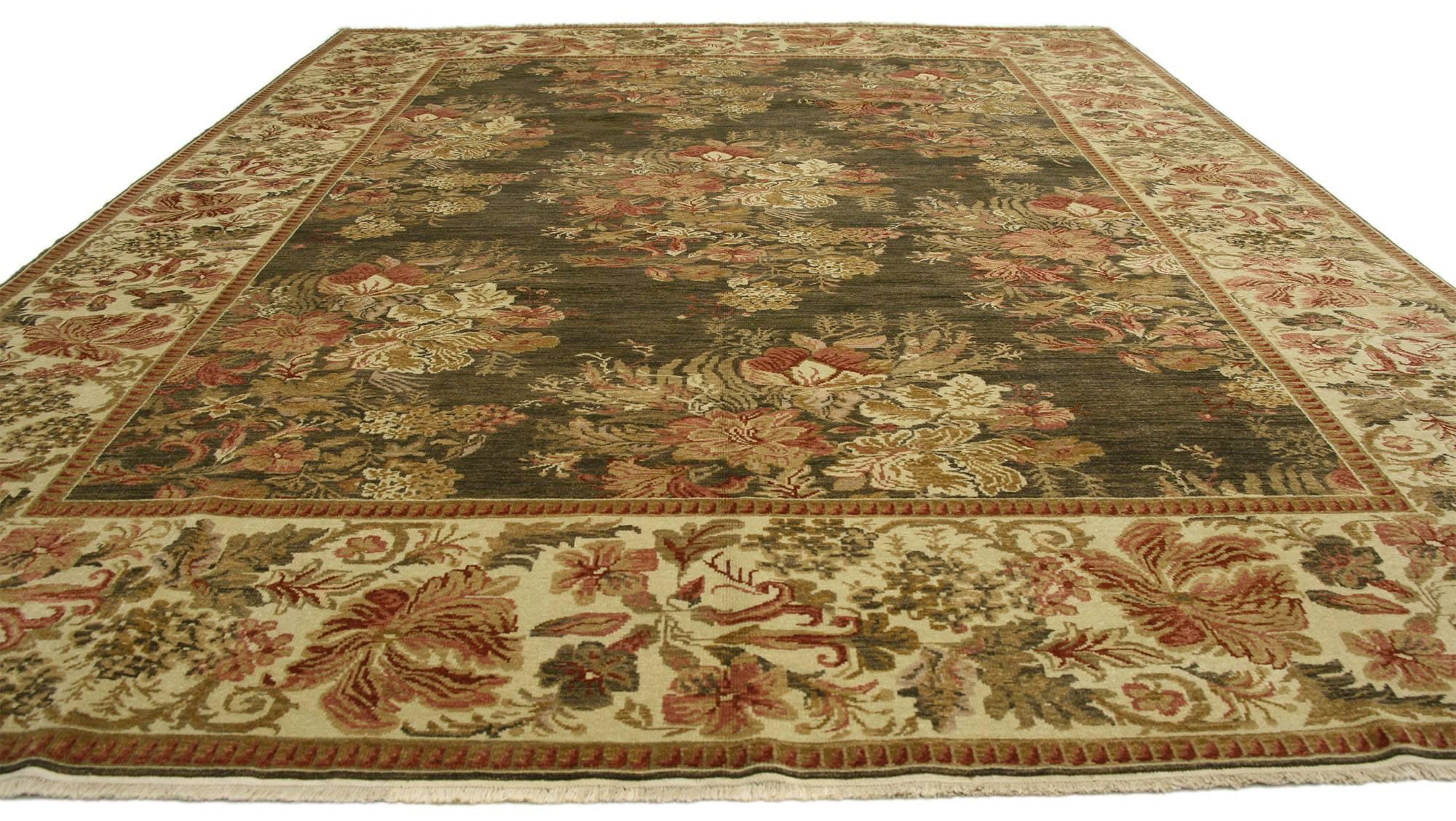 77118 Vintage Turkish Bessarabian Rug with French Victorian Chintz Style 09'01 x 11'09. Drawing inspiration from Mario Buatta and Chintz style,  this hand knotted wool vintage Turkish Bessarabian rug displays radiant warmth and floral bounty