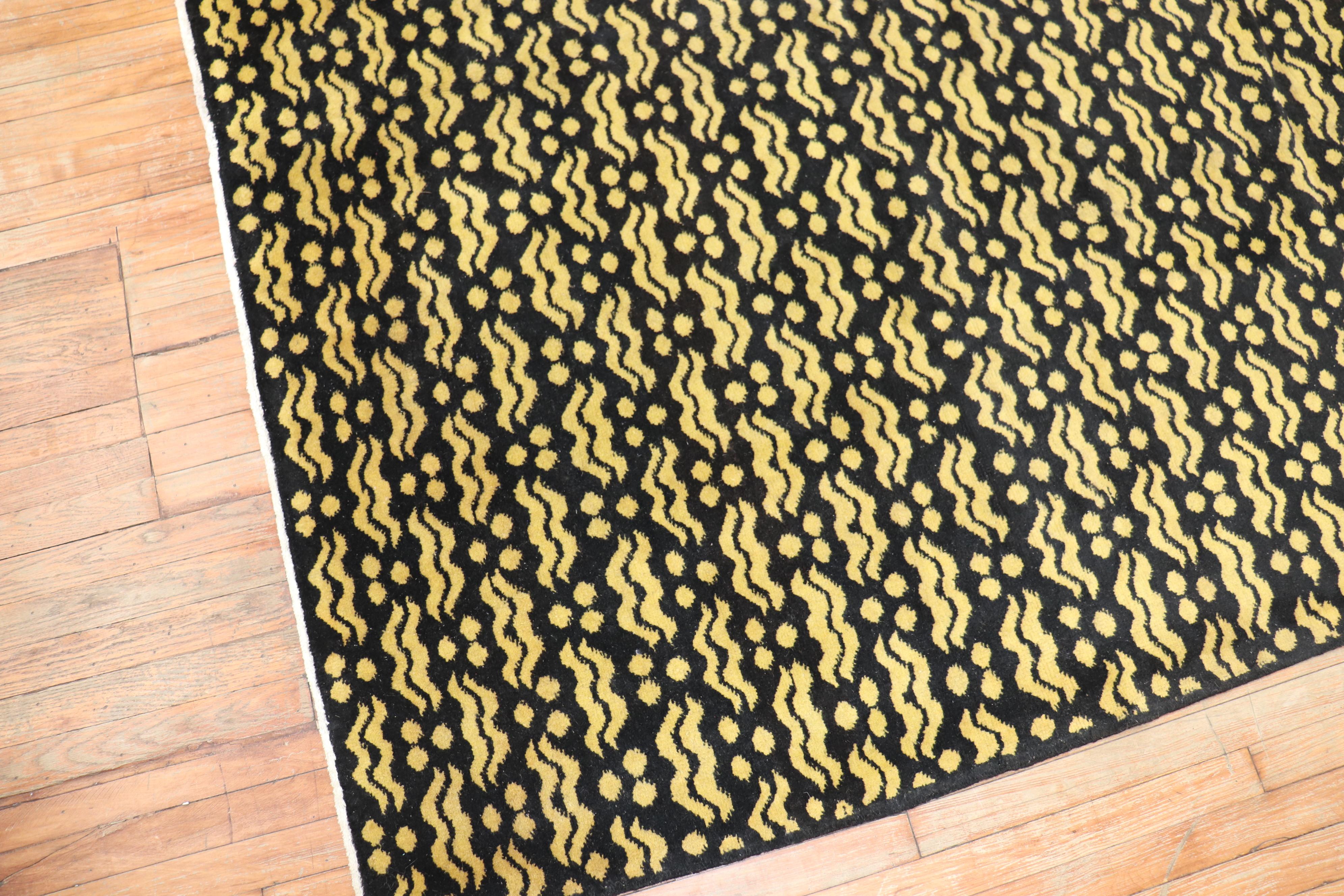 Vintage Turkish Black and Yellow Deco Rug For Sale 1