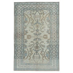 Tappeto vintage in lana blu Oushak annodato a mano
