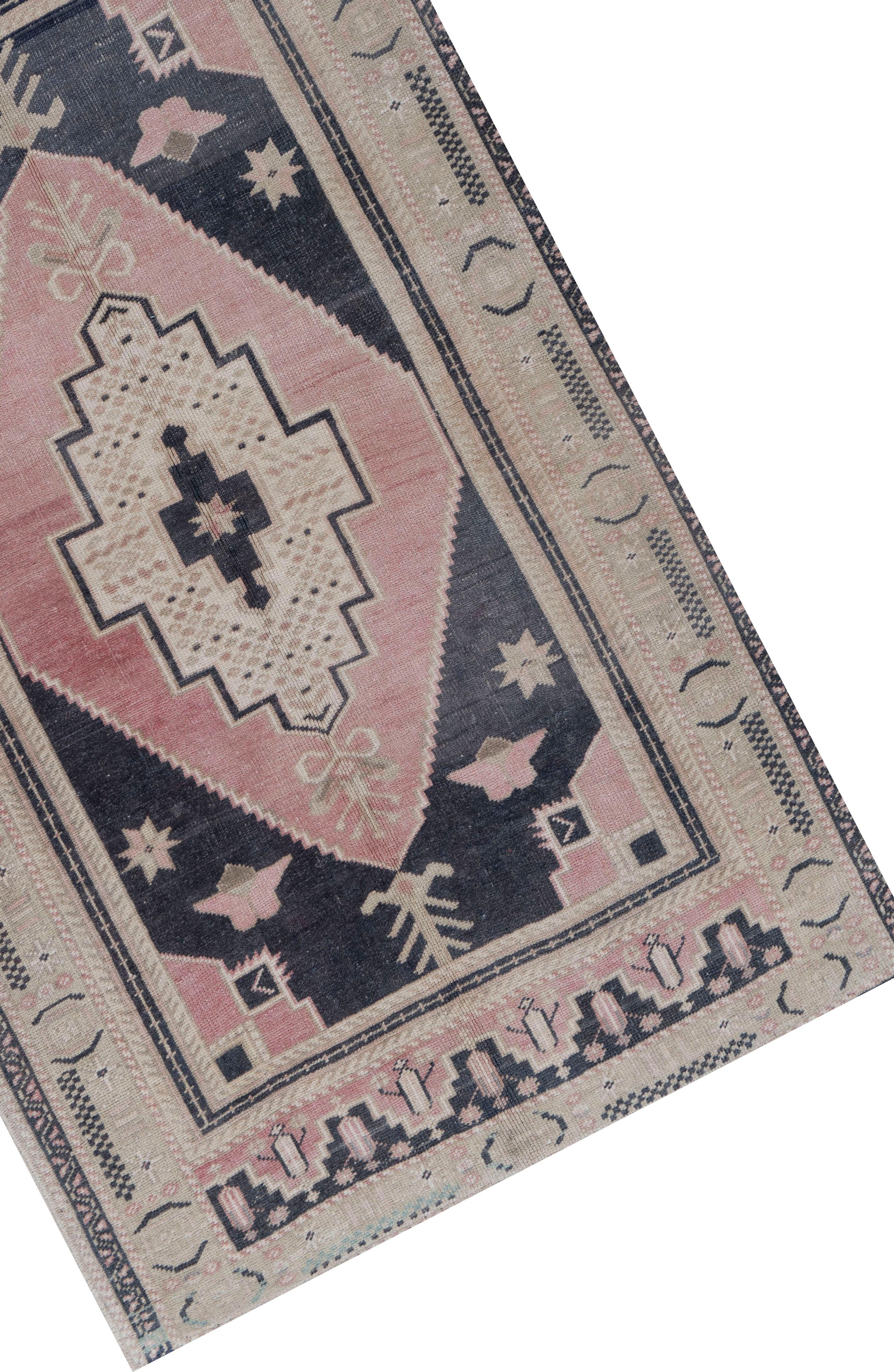 Turc Tapis d'Oushak turc bleu et rose noué à la main en vente