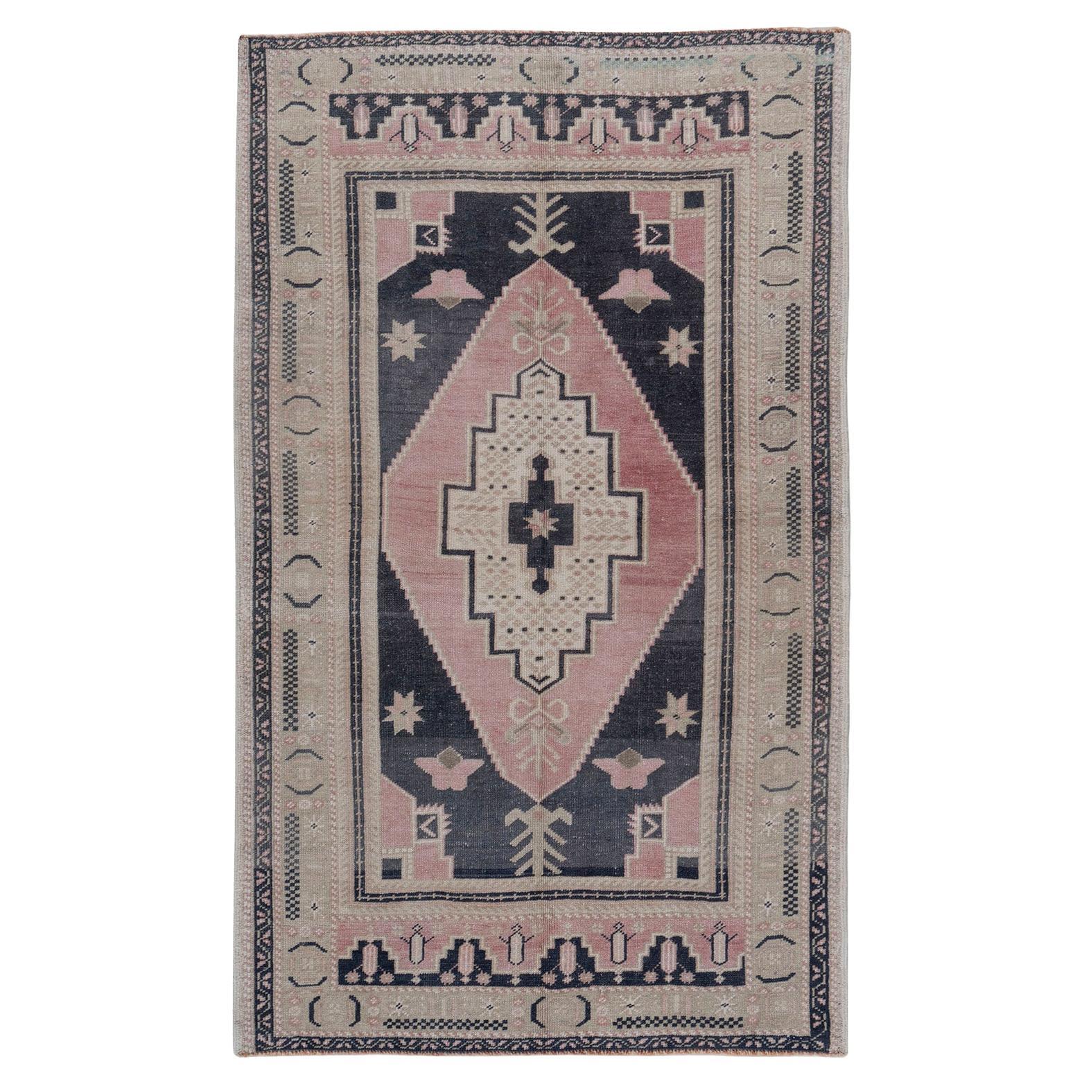 Vintage Turkish Blue Pink Oushak Wool Hand Knotted Area Rug