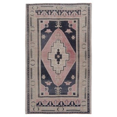 Alfombra de lana turca vintage azul rosa oushak anudada a mano