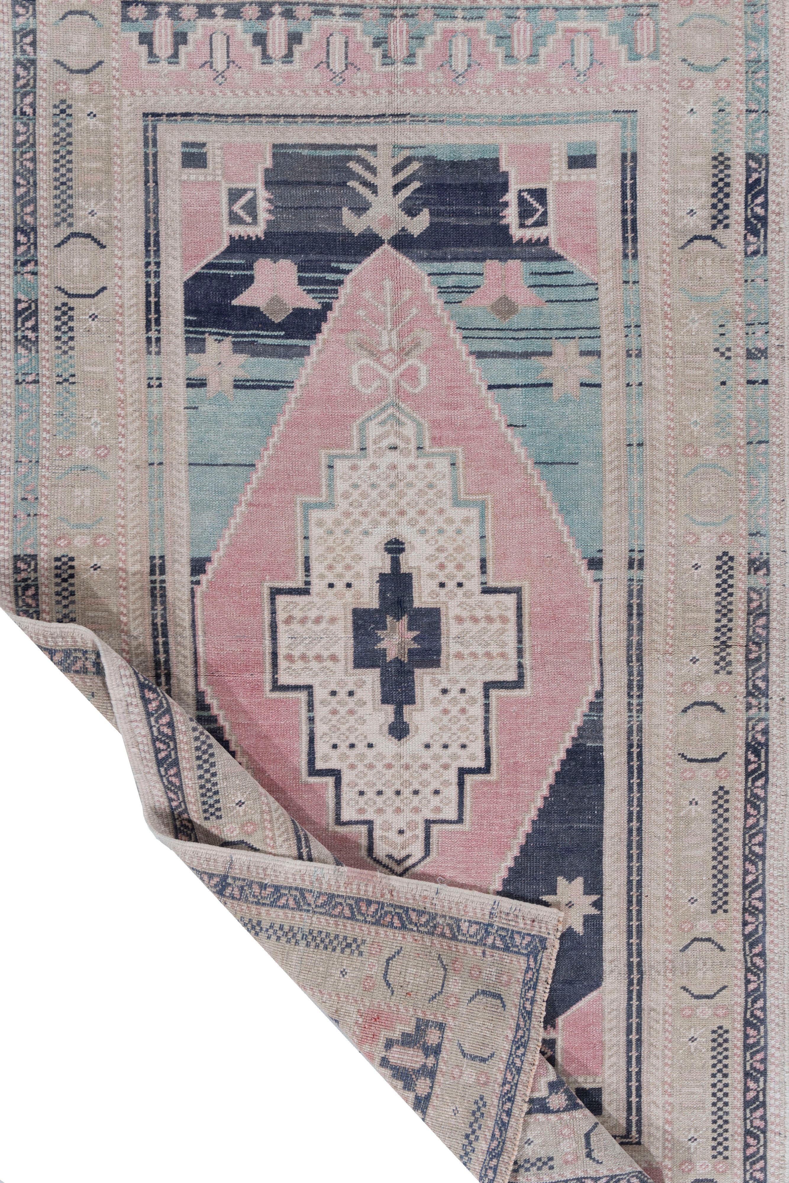 Turc Tapis d'Oushak turc bleu noué à la main en vente