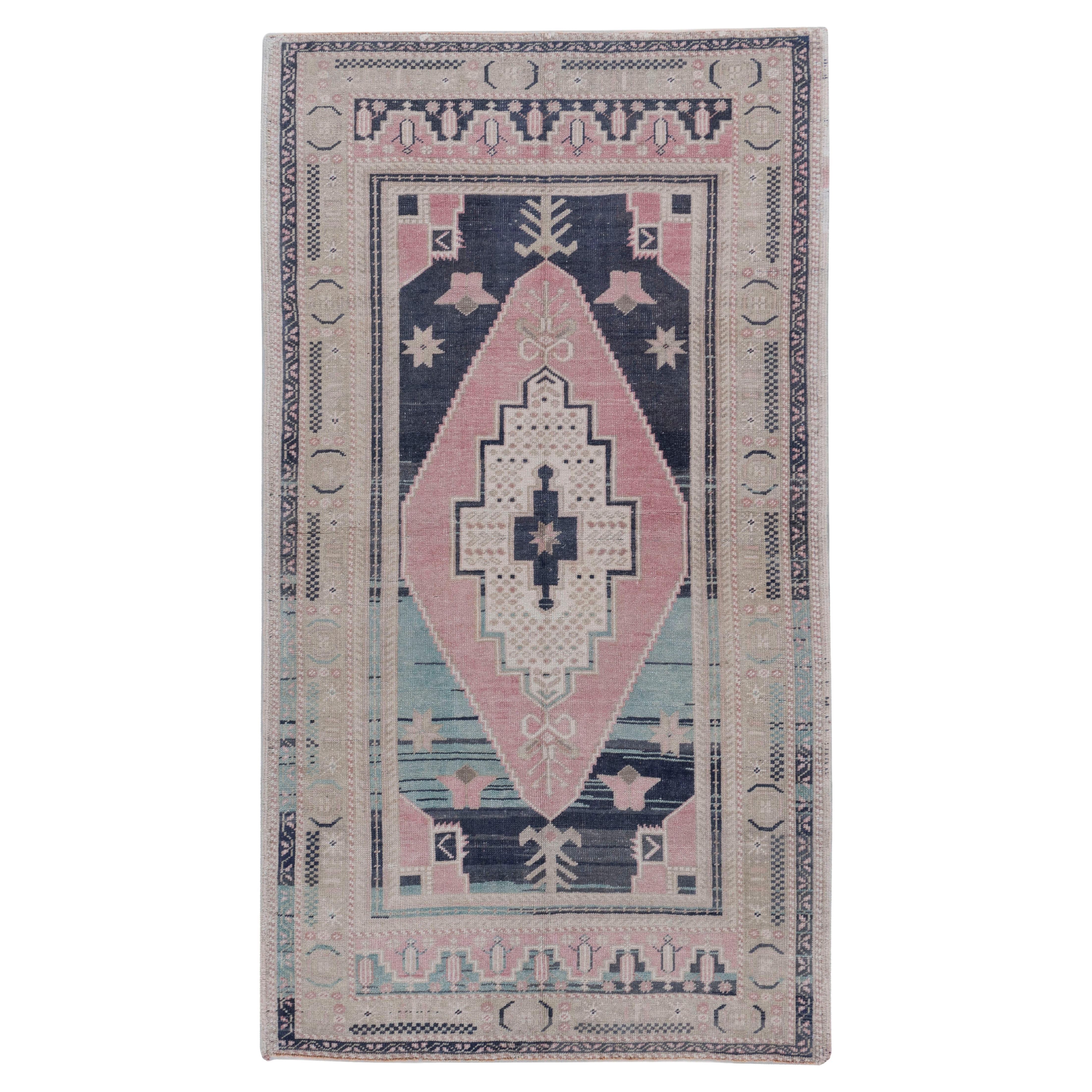 Vintage Turkish Blue Wool Hand Knotted Oushak Area Rug