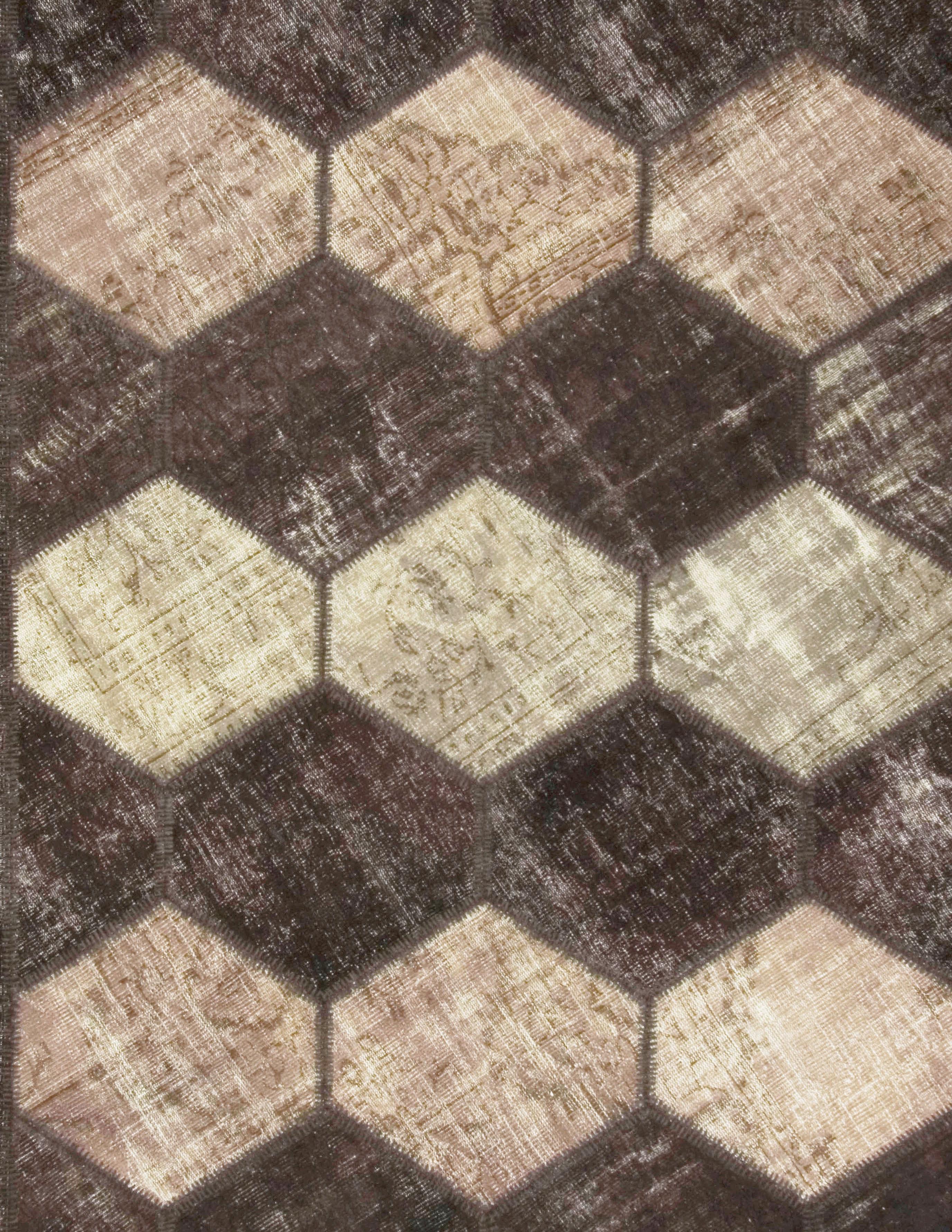 Hand-Knotted Vintage Turkish Brown Patchwork Hand Knotted Wool Rug Carpet 7'3 x 8'6 For Sale
