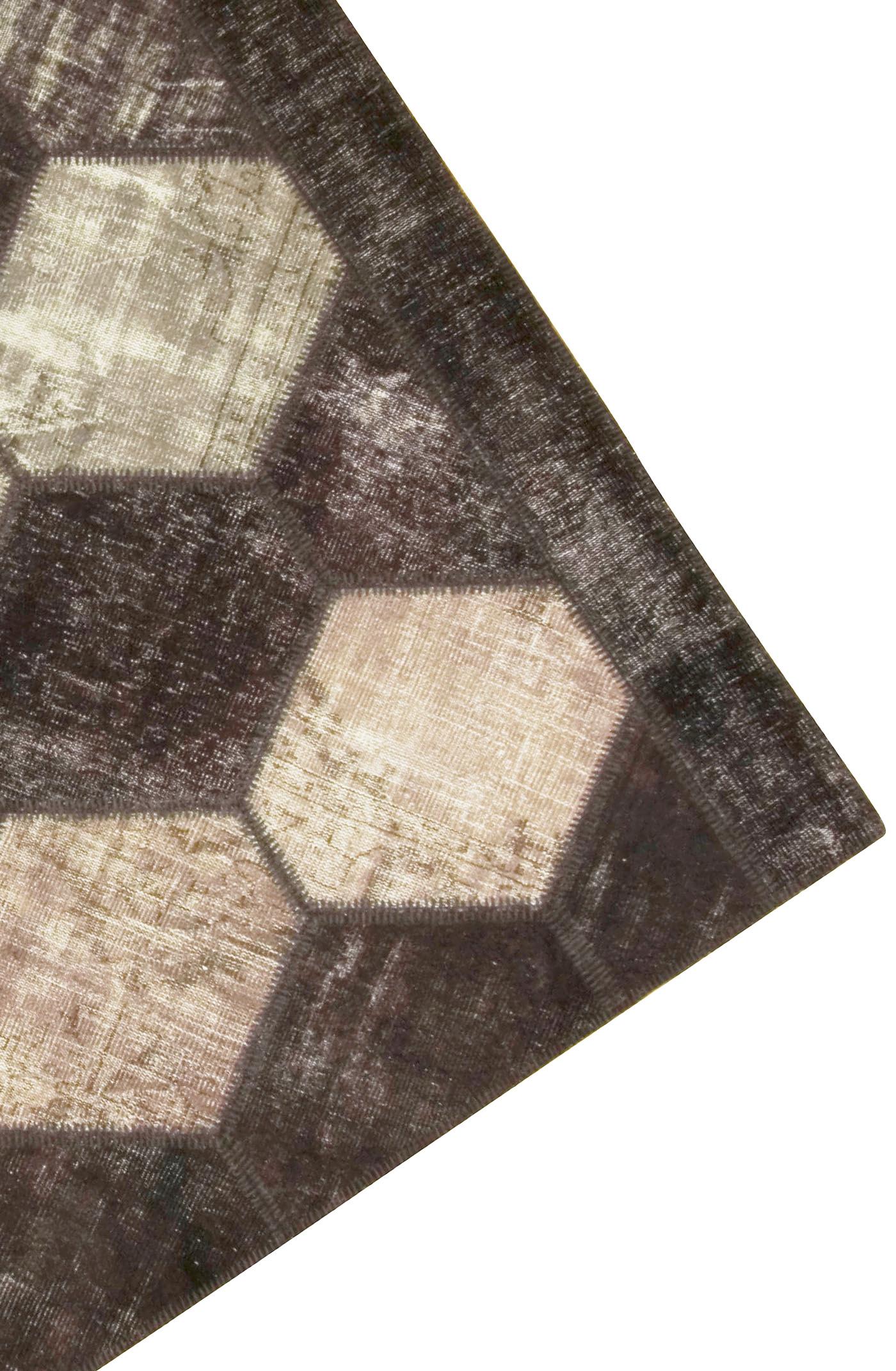 Vintage Turkish Brown Patchwork Hand Knotted Wool Rug Carpet 7'3 x 8'6 In Excellent Condition For Sale In New York, NY